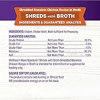 Vista 6 de Wellness Bowl Boosters Shreds with Broth Wet Cat Food Topper, sin granos, natural, receta de pollo, 1.75 onzas, paquete de 12 bolsas