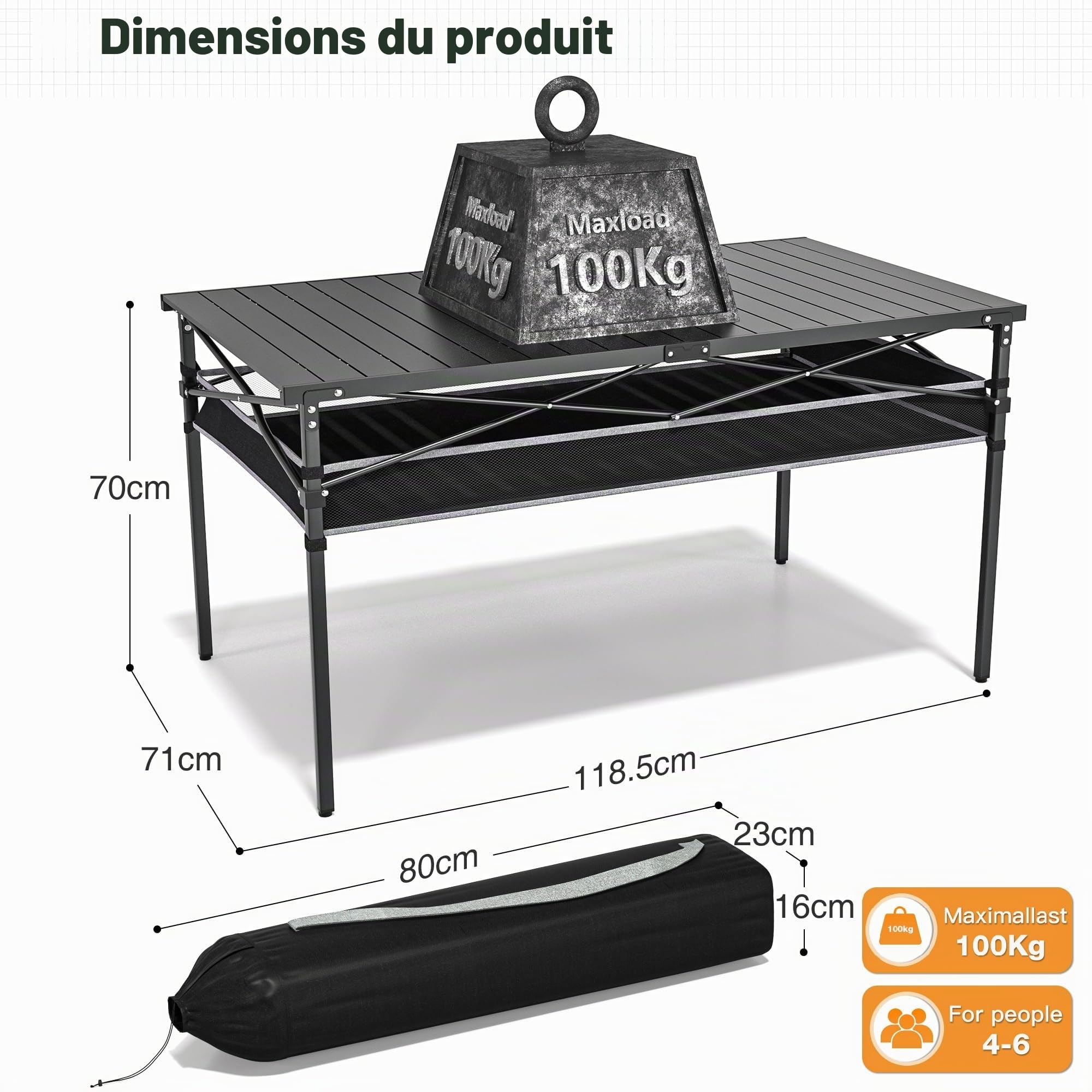 Table de camping pliante avec rangement et dessus enroulable en aluminium, sac de transport pour camping, jardin, plage, barbecue, jusqu'à 100 kg