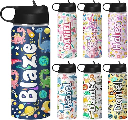 WNNNS Botellas de agua personalizadas para niños para la escuela, 18 onzas, taza de acero inoxidable aislada con nombre personalizado con tapa con