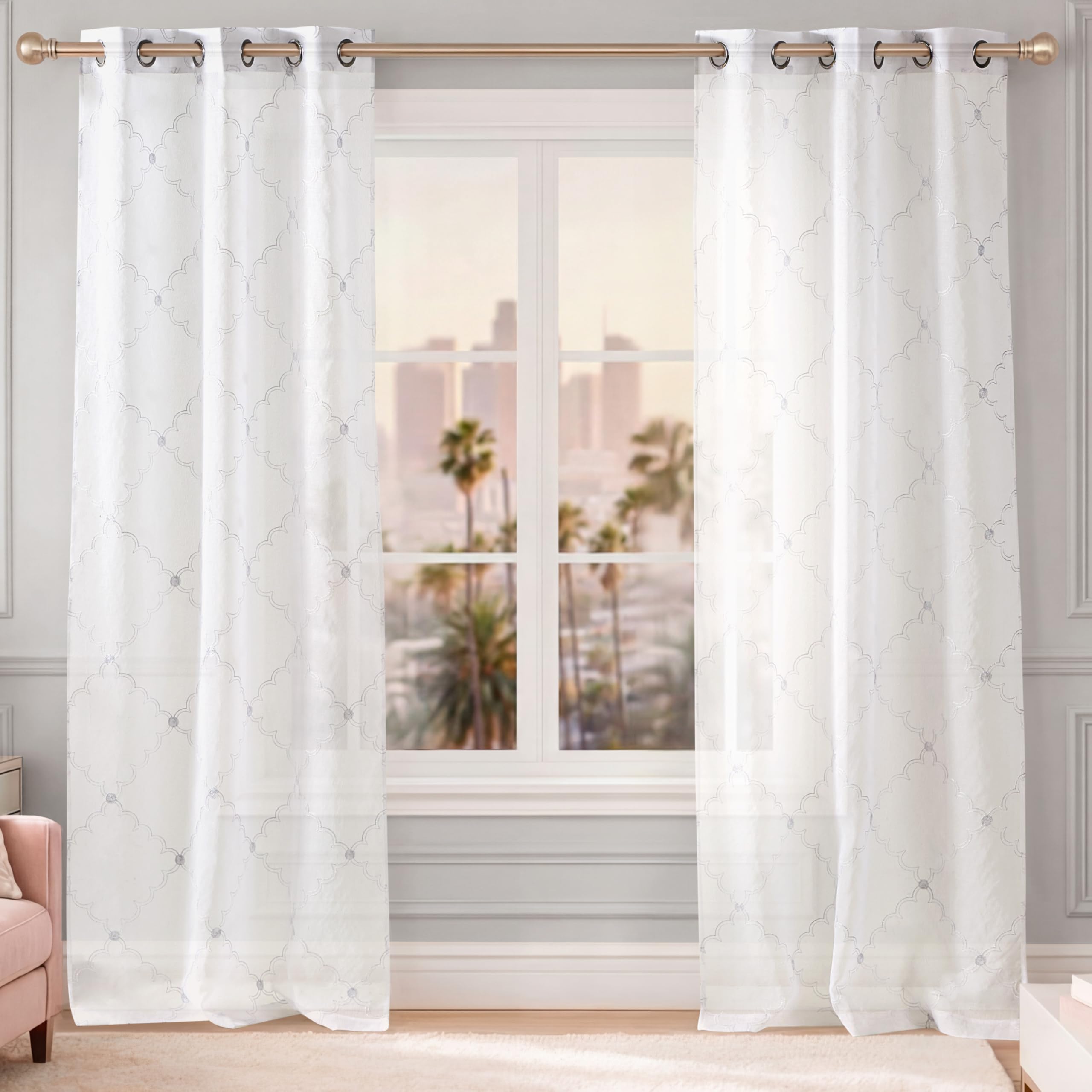 Juicy Couture Scallop Diamond Sheer 38"x 84" Grommet Window Curtain Panel Pair, White Silver Lurex