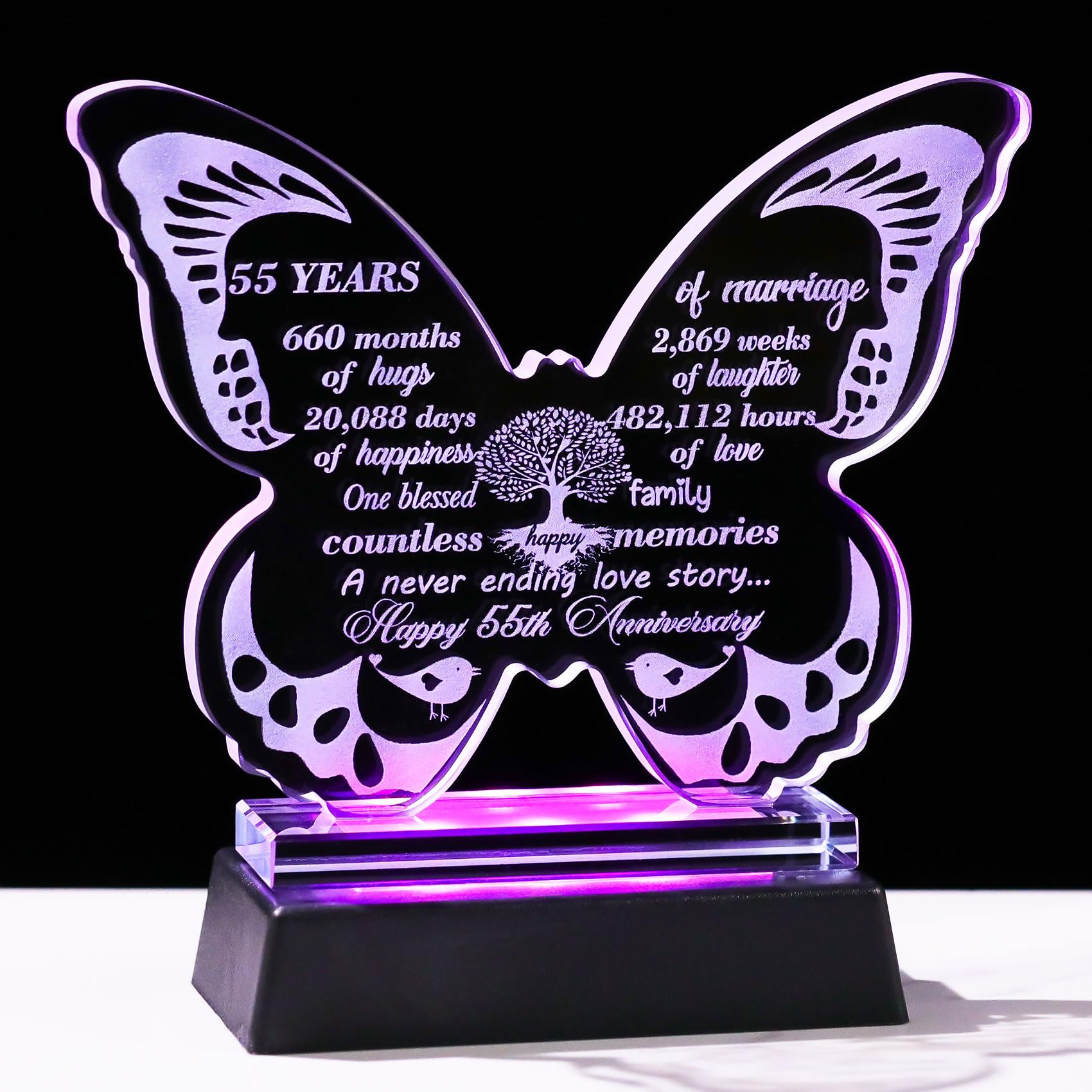 Ornalrist Happy 55th Wedding Anniversary Romantic Gifts for Couples Wife 13.6cm Glass Butterfly-shaped 55 Years of Marriage Keepsake with LED Base Ideas Presents for Parents Friends