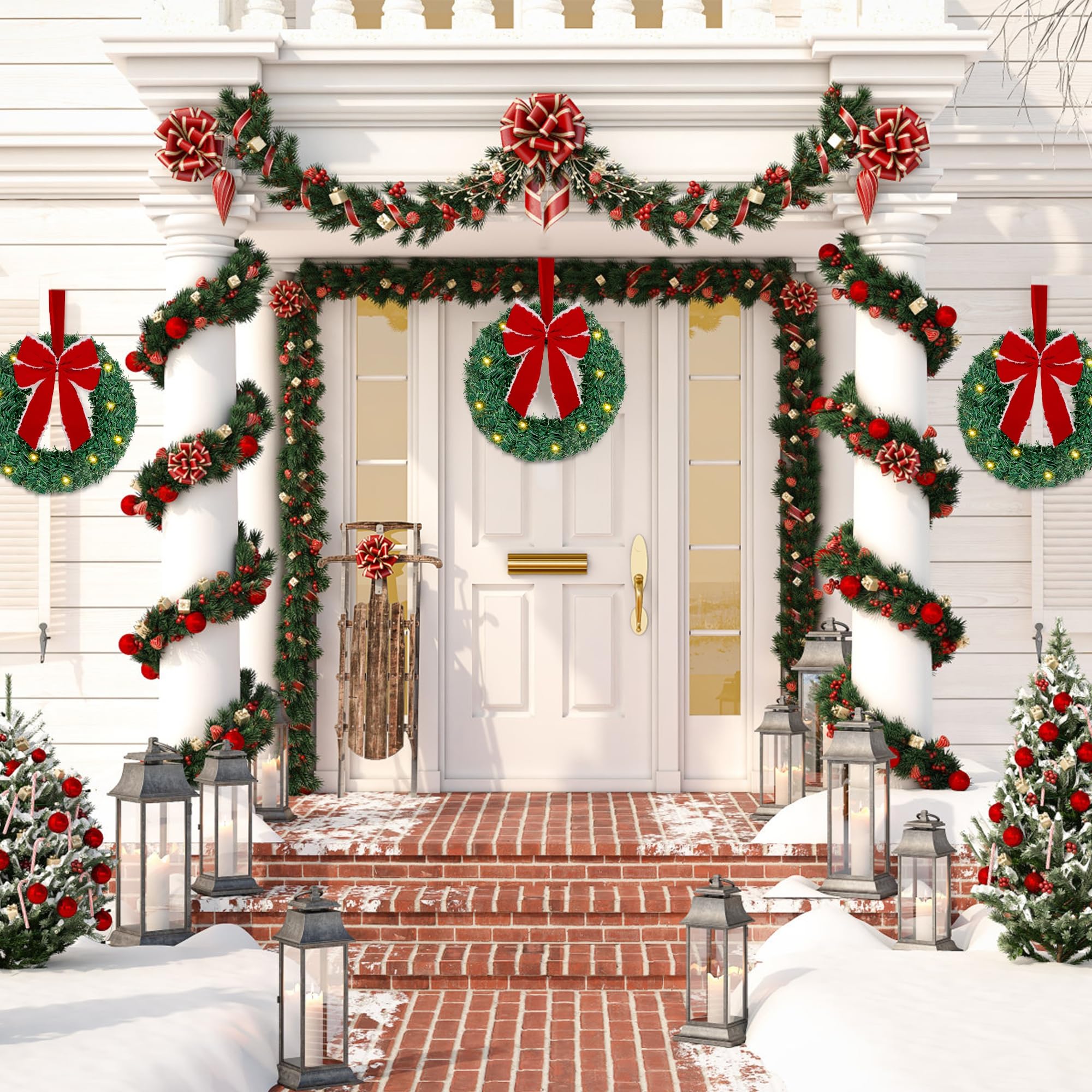 ATDAWN Lot de 3 mini couronnes de Noël éclairées pour porte d'entrée, décorations de fête de Noël (nœud rouge)