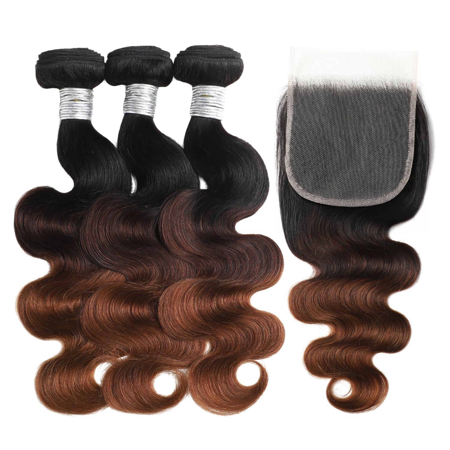 T1B/2/30 Chestnut Brown Ombre Human Hair Bundles Body Wave, 10A Thick Track 100% Virgin Human Hair Bundles Dark Roots Bundle 3 Tone Ombre Medium Auburn Colored Single Bundle Quick Weaves 10 Inch