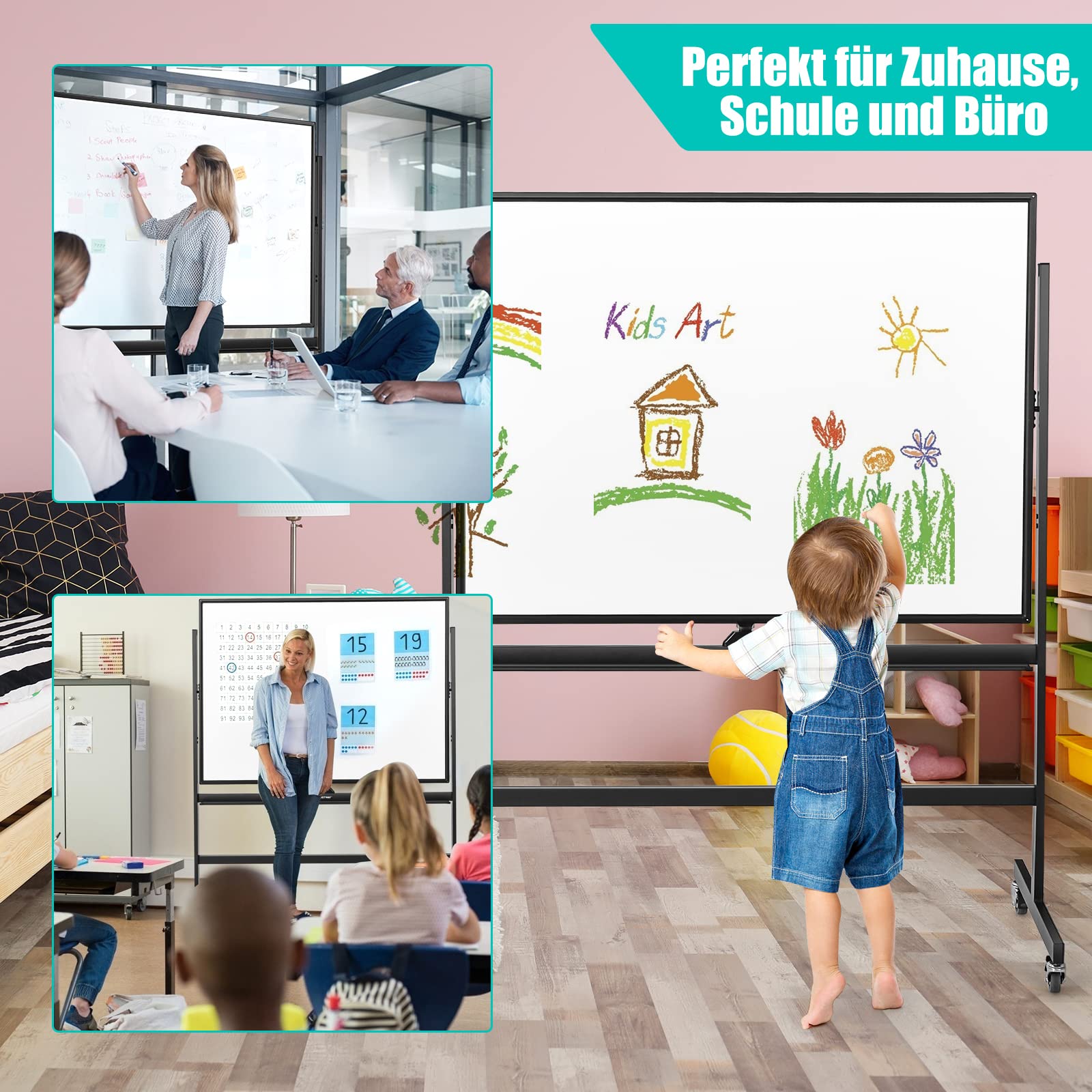 GOPLUS 120x90cm Mobiles Whiteboard mit Ständer & Flipchart, Höhenverstellbares doppelseitiges Whiteboard mit abschließbaren Rollen, um 360° drehbare magnetische Tafel mit Alurahmen & Zubehör(Schwarz)