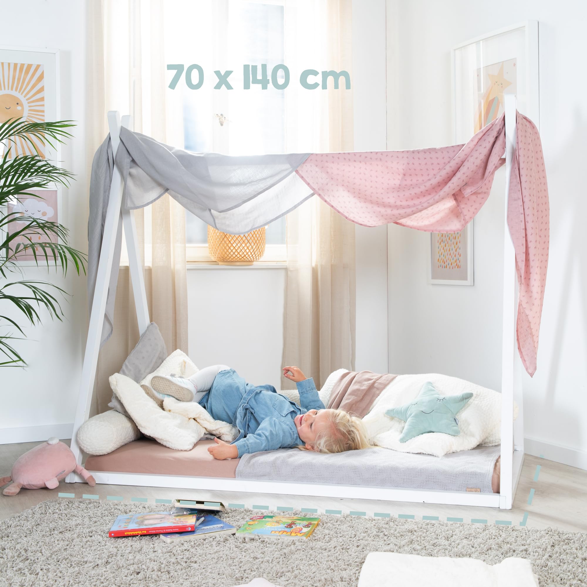 roba Tipibett 70 x 140 cm in Zeltform - Kinderbett nach Montessori Prinzip - FSC zertifiziertes Holz - Babybett zum Spielen, Lesen & Kuscheln - Weiß lackiert