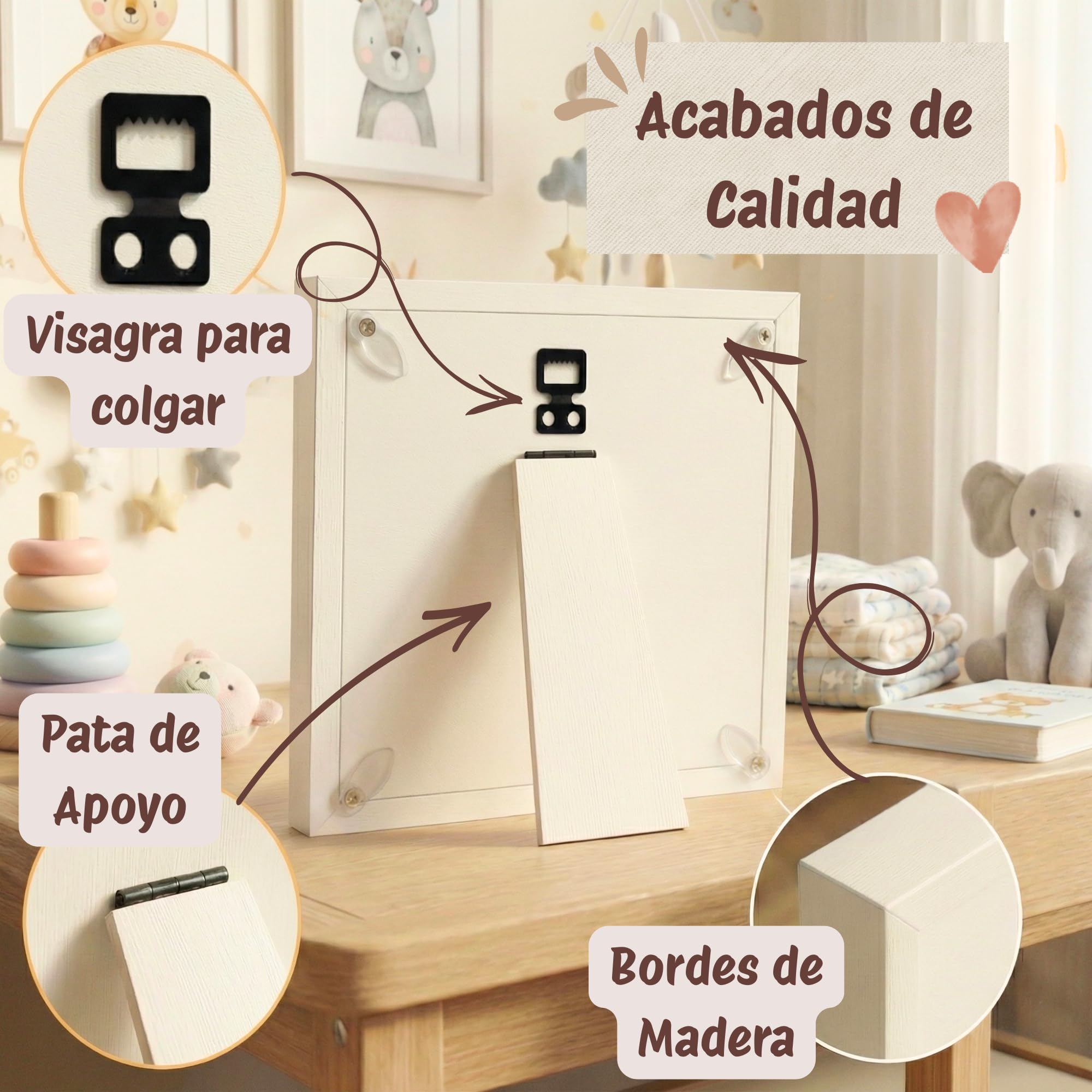LUMS Marco Huellas Bebé Recién Nacido - Kit de Huella con Arcilla Flexible que No se Agrieta - Madera Blanca de excelente acabado, Regalo Bebé Recién Nacido Original