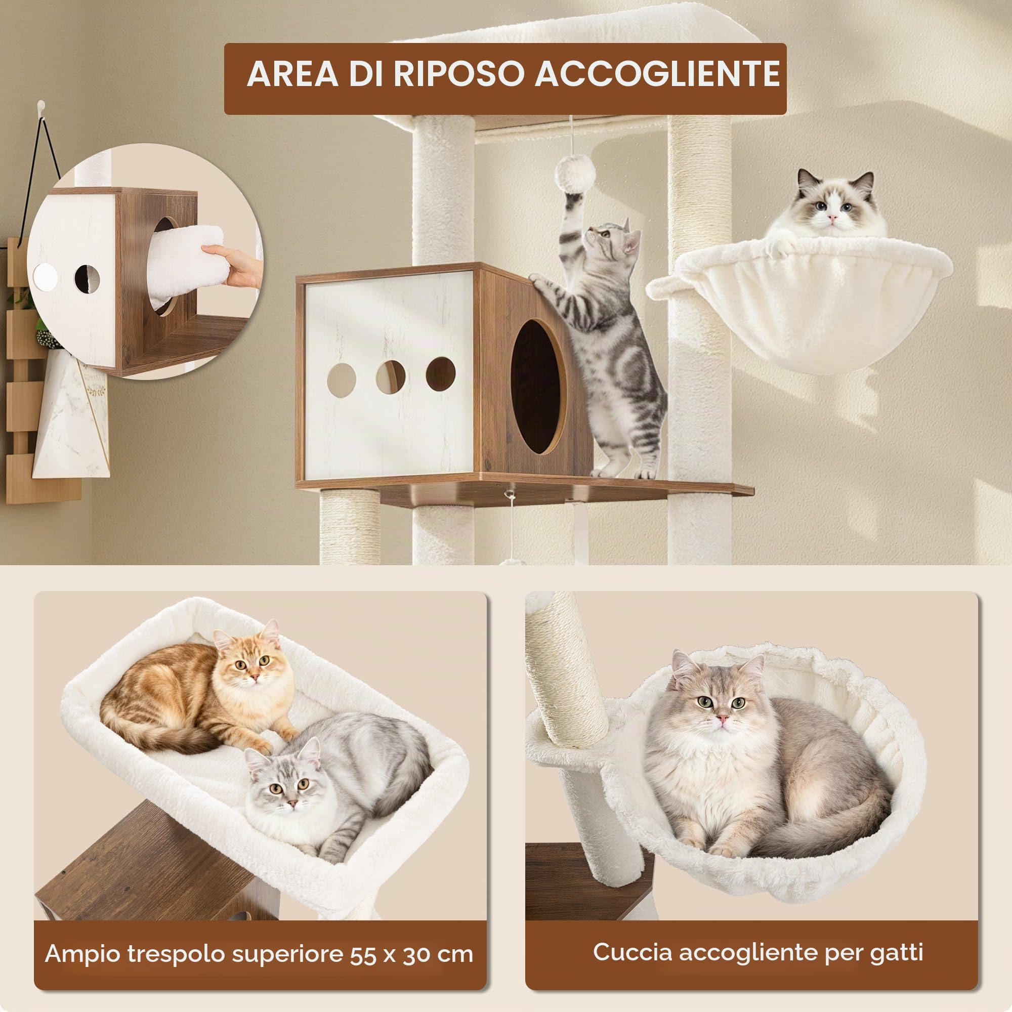 Tiragraffi con Mobile per Lettiera, 190 cm, Bianco e Marrone | Gatti Moderno con Tiragraffi, Piattaforma di Salto Rimovibile, Due Grotte, Piattaforma, Cuscini Lavabili FPMS013PWR1