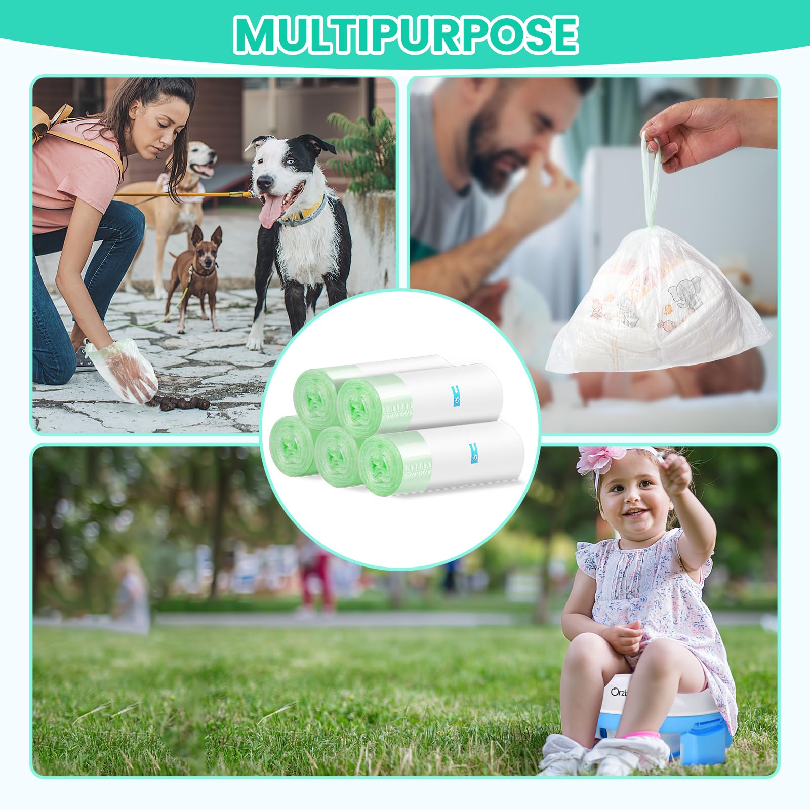 100 Pièces Sacs de Voyage Portables Pour Pot Bebe Toilette, Universels Sacs Nettoyage Jetables avec Cordon de Serrage pour Enfants Adultes Animaux (5 rouleau)