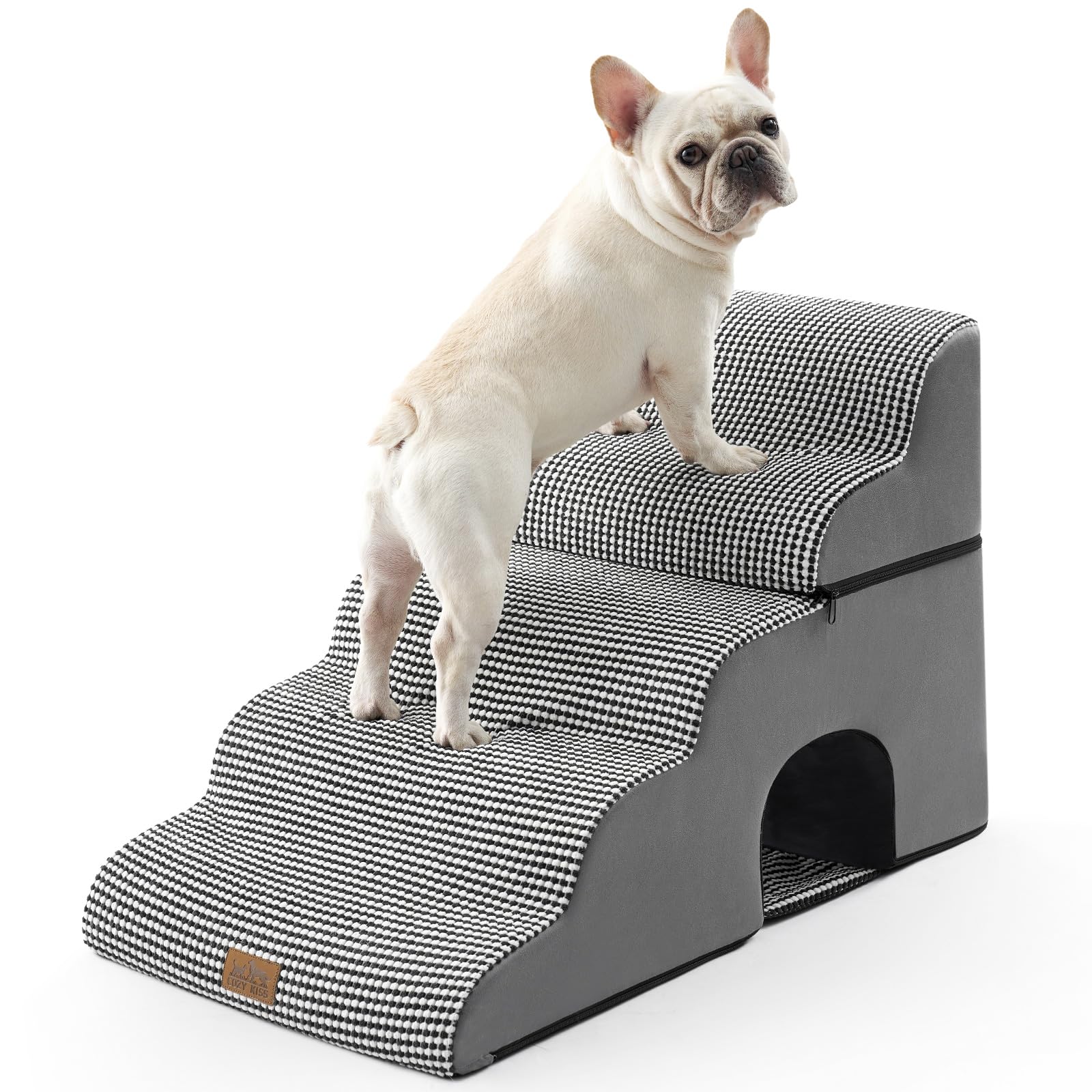 COZY KISS Wide Dog Stairs for Bed with Tunnel 19.7" Width, Foam Detachable Large Dog Step for Small Dog, Puppy or Cats, Medium Pet Ramp for High Bed or Car, 19.7x33x22.4 inch, 5 Step, White Black