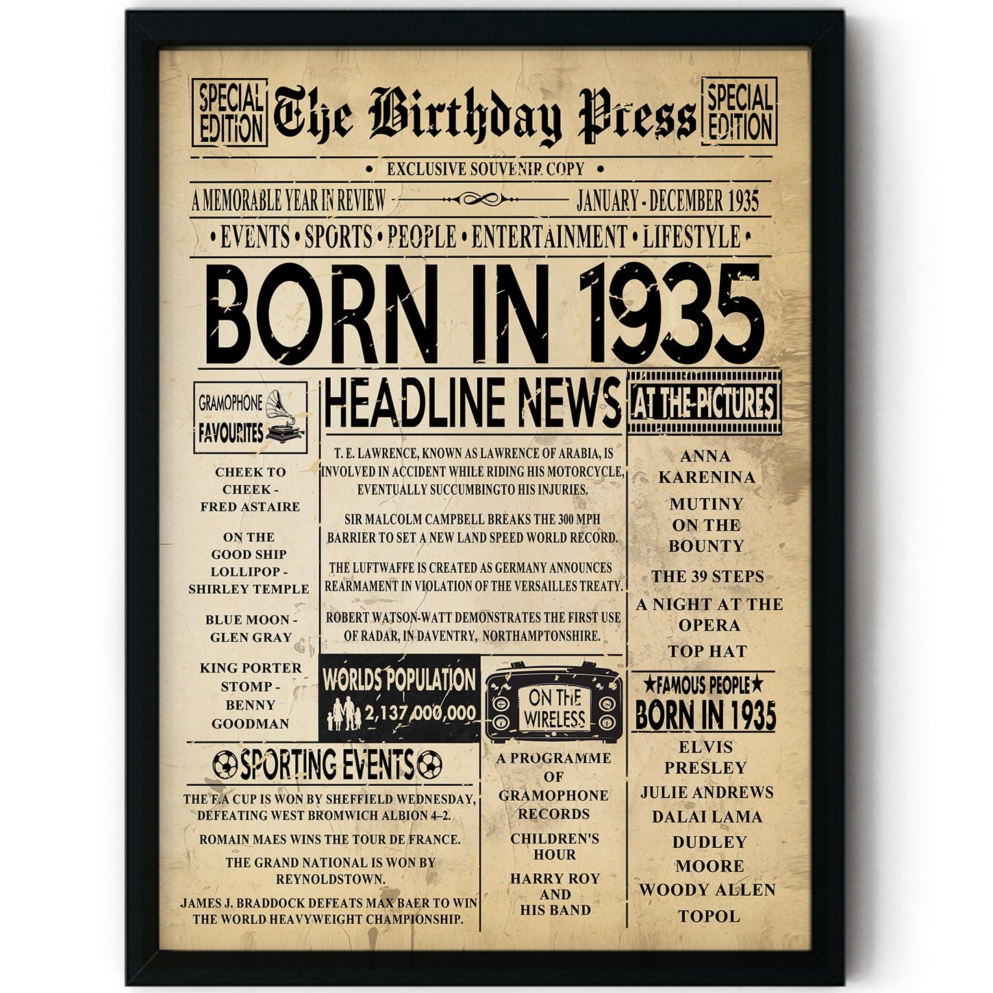 Stuff4 Women's 1935 91St Birthday Poster Framed - Born In Vintage Newspaper - Happy 91St Birthday Gifts For Men Retro Back In 8X10 Inch Decor Decoration Bday Party