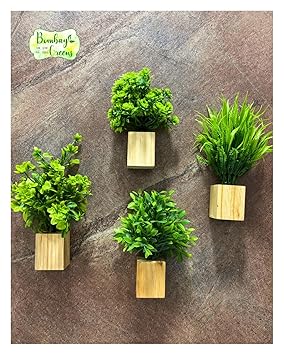 Bombay Greens Wooden Wall Planter| Mini Square Wall Planter for Indoor Plant | Wall Décor Planter for Living Room, Kitchen, Office, Home – Set of 4 with Artificial Plants and Double Sided Tape - image, photos