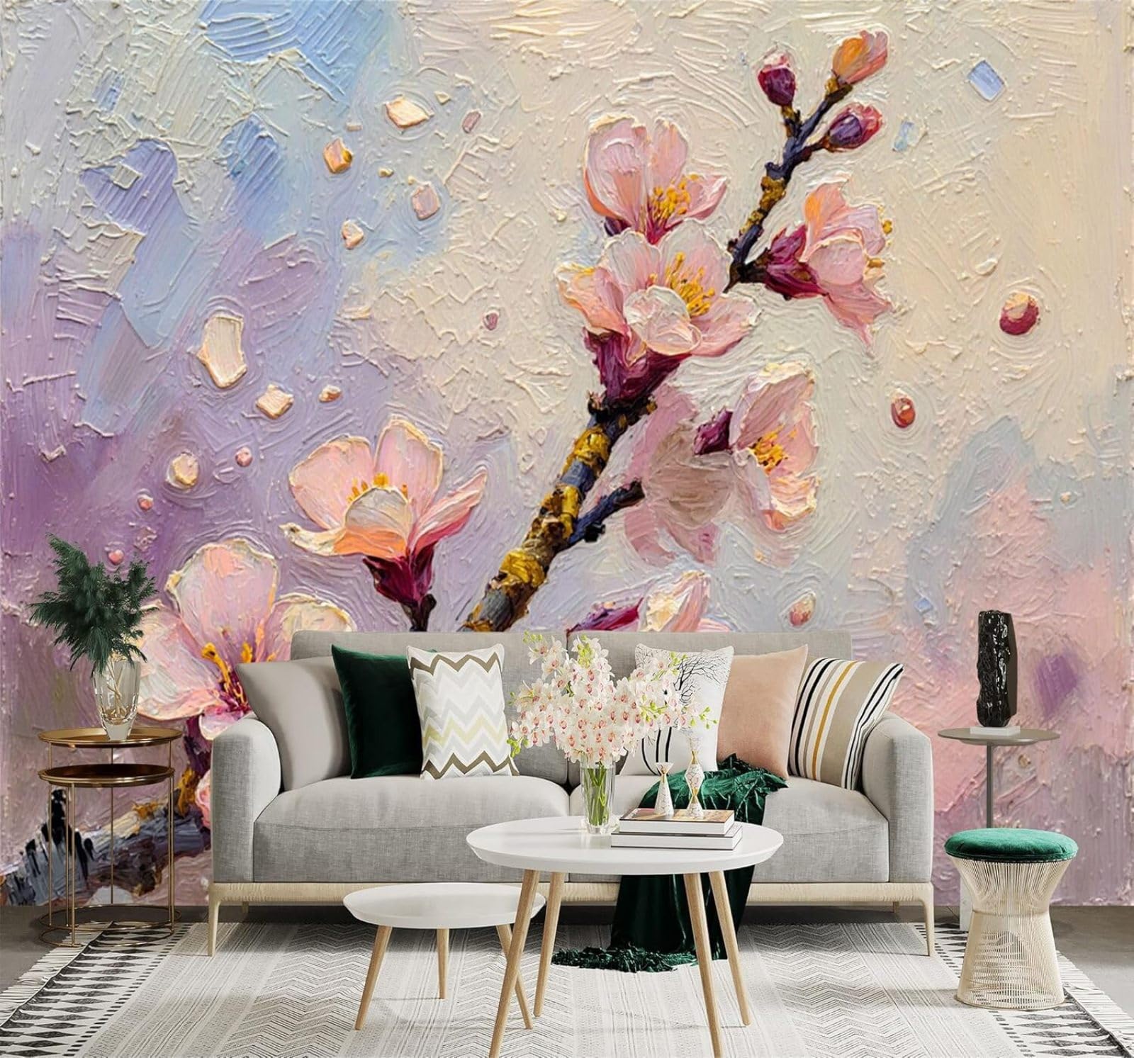 XLMING Hand Painted Watercolour Pink Cherry Blossoms Petals 3D Wallpaper Silky Texture Home Study Office Grey Dining Room Sofa Bedroom Living Room TV Backdrop-150cm×105cm