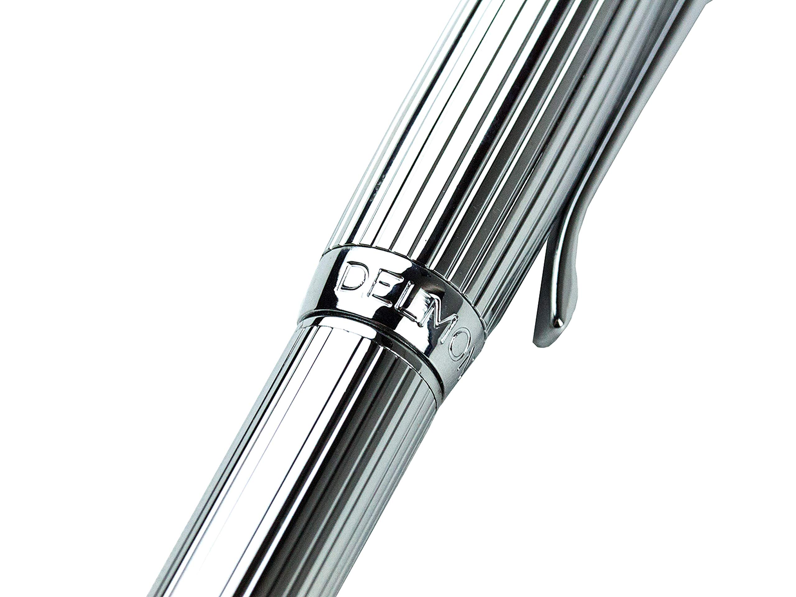DELMON VARONE - Premium Drehkugelschreiber Silber nachfüllbar mit Blau schreibender Mine & Lederetui - Metall Kugelschreiber für Erwachsene edel, mit silberfarbener Oberfläche & Leder Etui mit Gravur