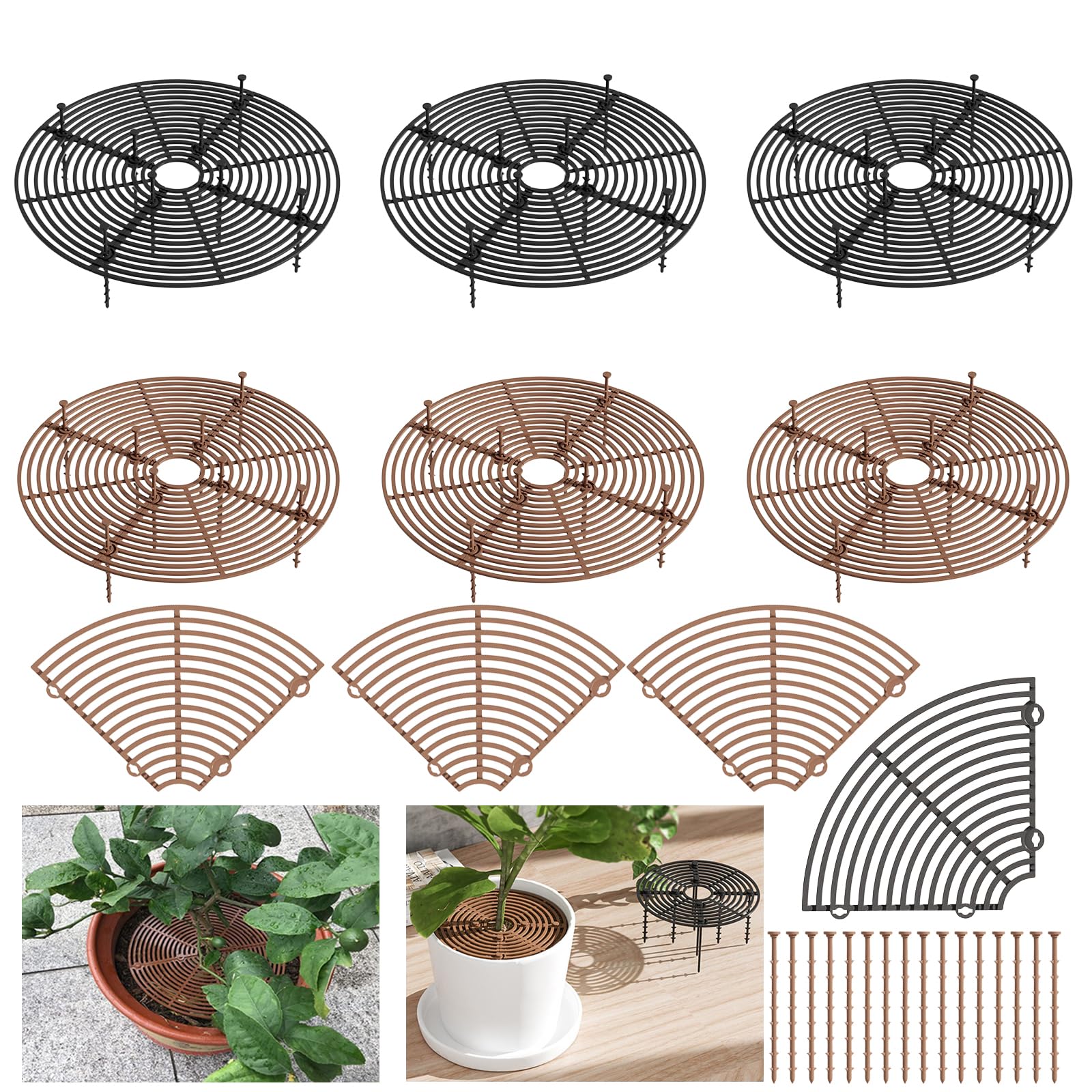 Lot de 6 grilles de protection rondes pour plantes (30 cm, protection pour pots pour chats, pour enfants et animaux de compagnie, couleur noir et marron)