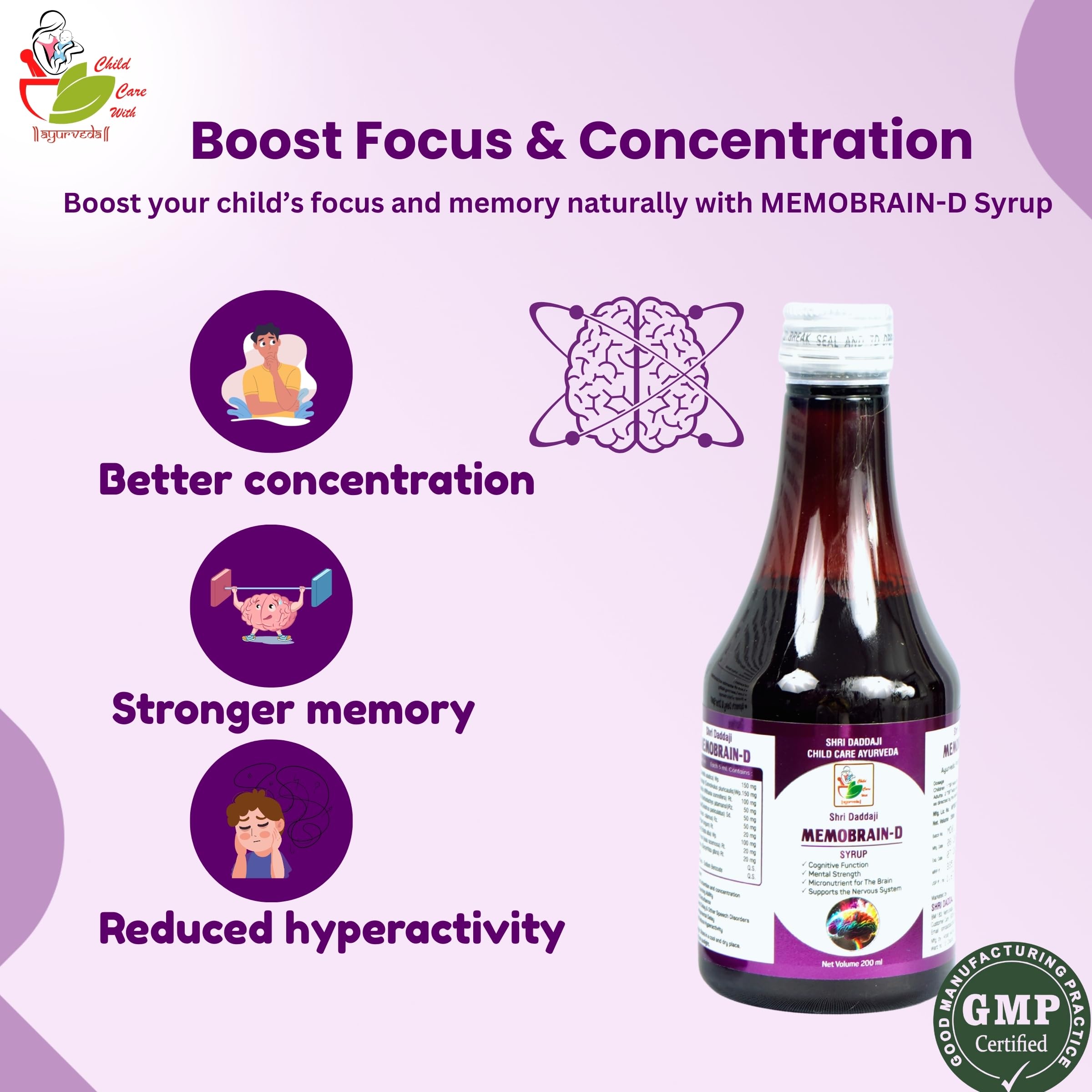 Shri Daddaji Memobrain-D Syrup 200ml | Ayurvedic Brain Tonic for Kids | Supports Cognitive Function, Mental Strength, Speech Delay, Concentration & Hyperactivity | Herbal Memory Booster - Image 2 thumbnail