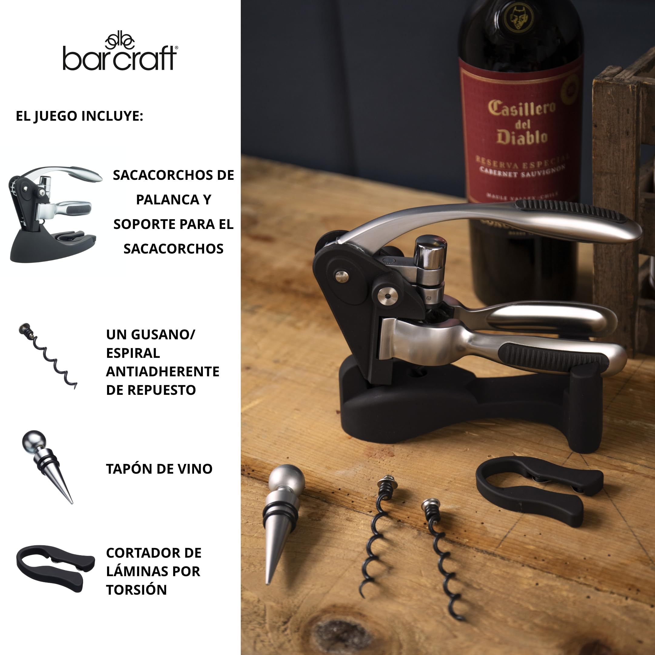 BarCraft Sacacorchos de palanca y Abridor de botellas de Vino con Tapón de Botella, Cortador de Lámina y Gusano Antiadherente de Repuesto, 1 Kit con Caja de Presentación, Brillo Metálico