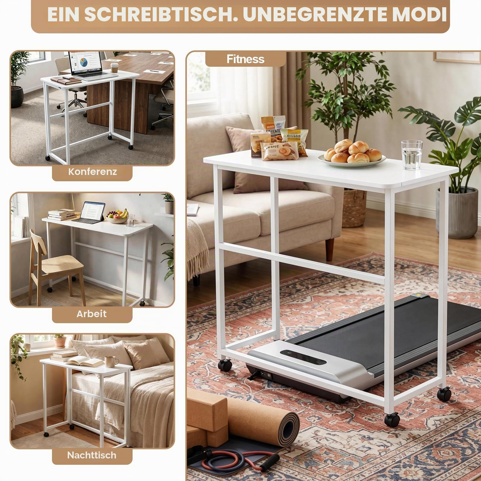 Huracan Klappschreibtisch, Kleiner Schreibtisch Klappbar mit Rollen, Höhenverstellbar 80x40x74 cm, Multifunktionaler Schreibtisch für Home Office, Arbeiten & Hobbys, Ergonomisch, Platzsparend, Weiß