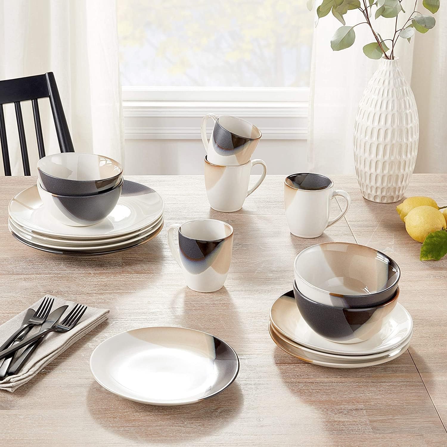 Zestaw talerzy i misek porcelanowych, Zestaw naczyń kuchennych z porcelany, Zestaw naczyń ceramicznych, 16-częściowy zestaw obiadowy, Serwis dla 4 osób,