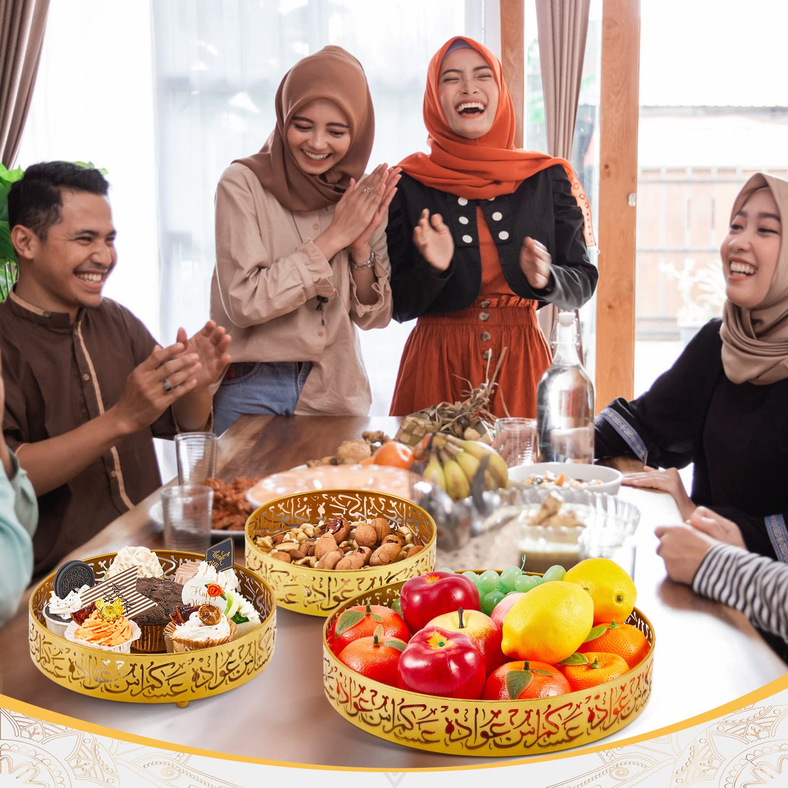 Set di 3 Piatti Ramadan Vassoio da Portata in Ferro Eid Islam Musulmano Piatto Rotondo Snack Dessert Vassoio Contenitore per Alimenti per Forniture per Feste Ramadan Mubarak(Bianco