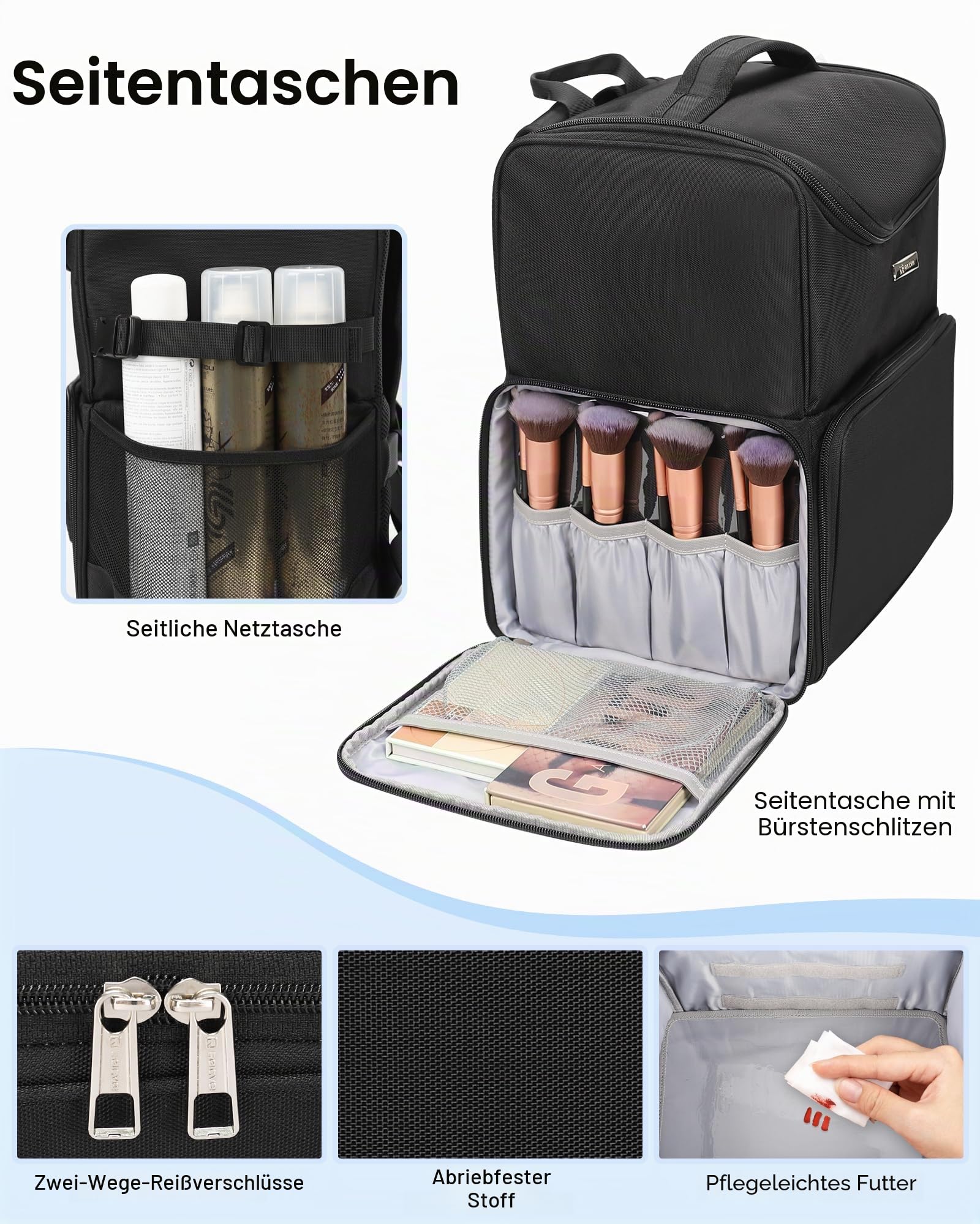 Relavel Makeup-Rucksack, große Make-up-Tasche mit 3 klaren Sets, Doppelwandige professionelle Kosmetiktasche für Reise-Train-Case, Make-up-Artist-Set mit verstellbaren Fächern