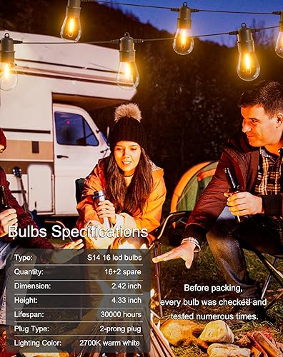 Miniatura 7 de Jerritte Tira de luces LED de 60 pies para exteriores con 16+1 bombillas Edison inastillables IP65, impermeables, regulables de 2700 K, luces