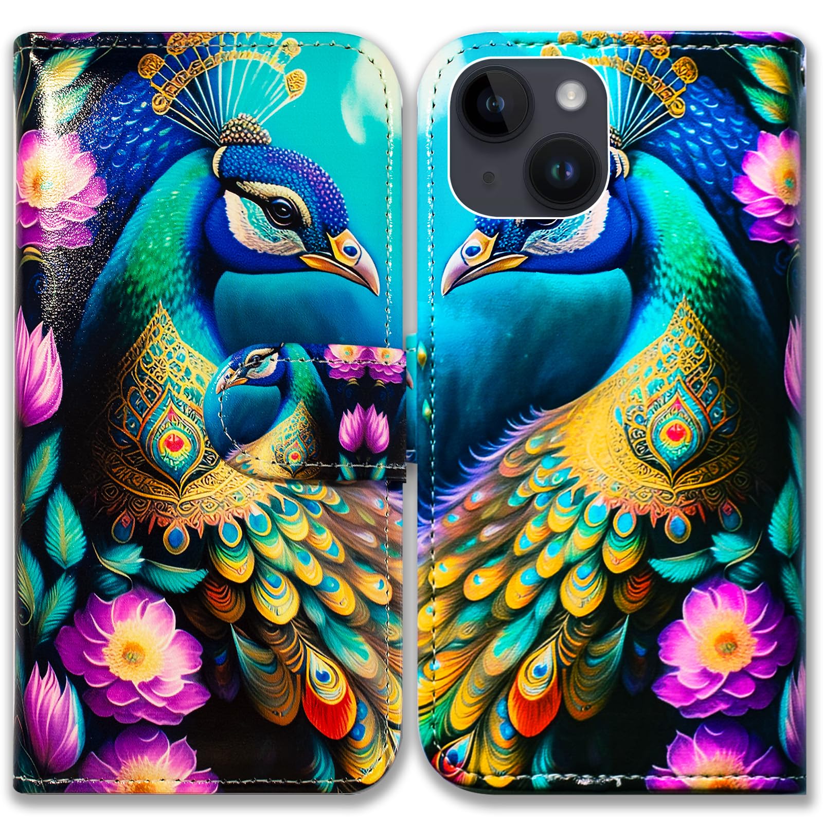 Bcov Case for iPhone 15,Colorful Peacock Mandala Flowers Leather Flip Phone Case Wallet Cover with Card Slot Holder Kickstand for iPhone 15