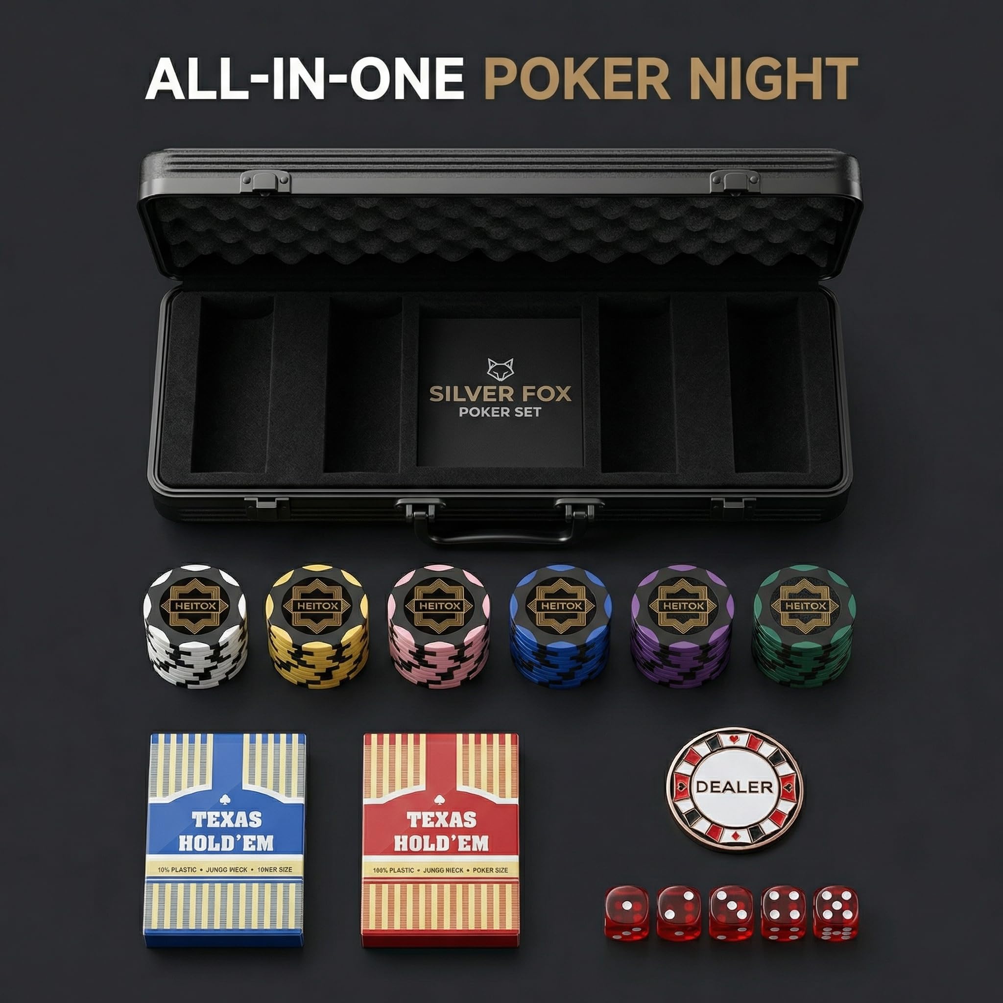 HEITOK Pokerchips-Set aus Ton 300 Stück – 14g Leere Chips mit Premium-Tragetasche für Texas Holdem - 2