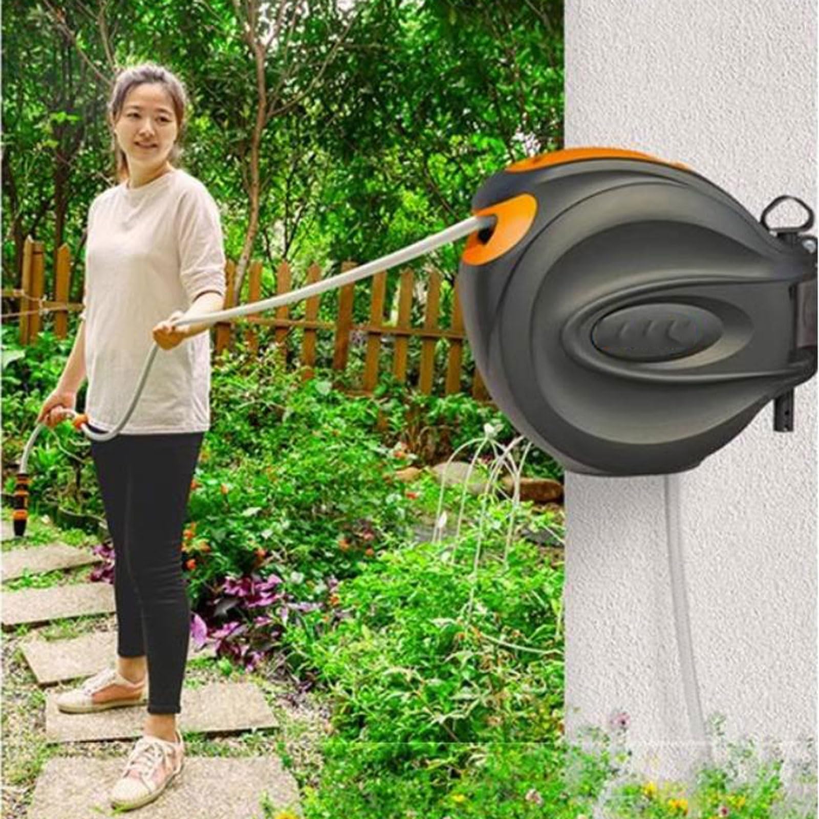 Carrete para Manguera, Carrete de Manguera de 15 m/50 pies con rebobinado automático, con pulverizador 3 en 1 y Soporte Giratorio de 180°, for el hogar, jardín, Patio, Granja.