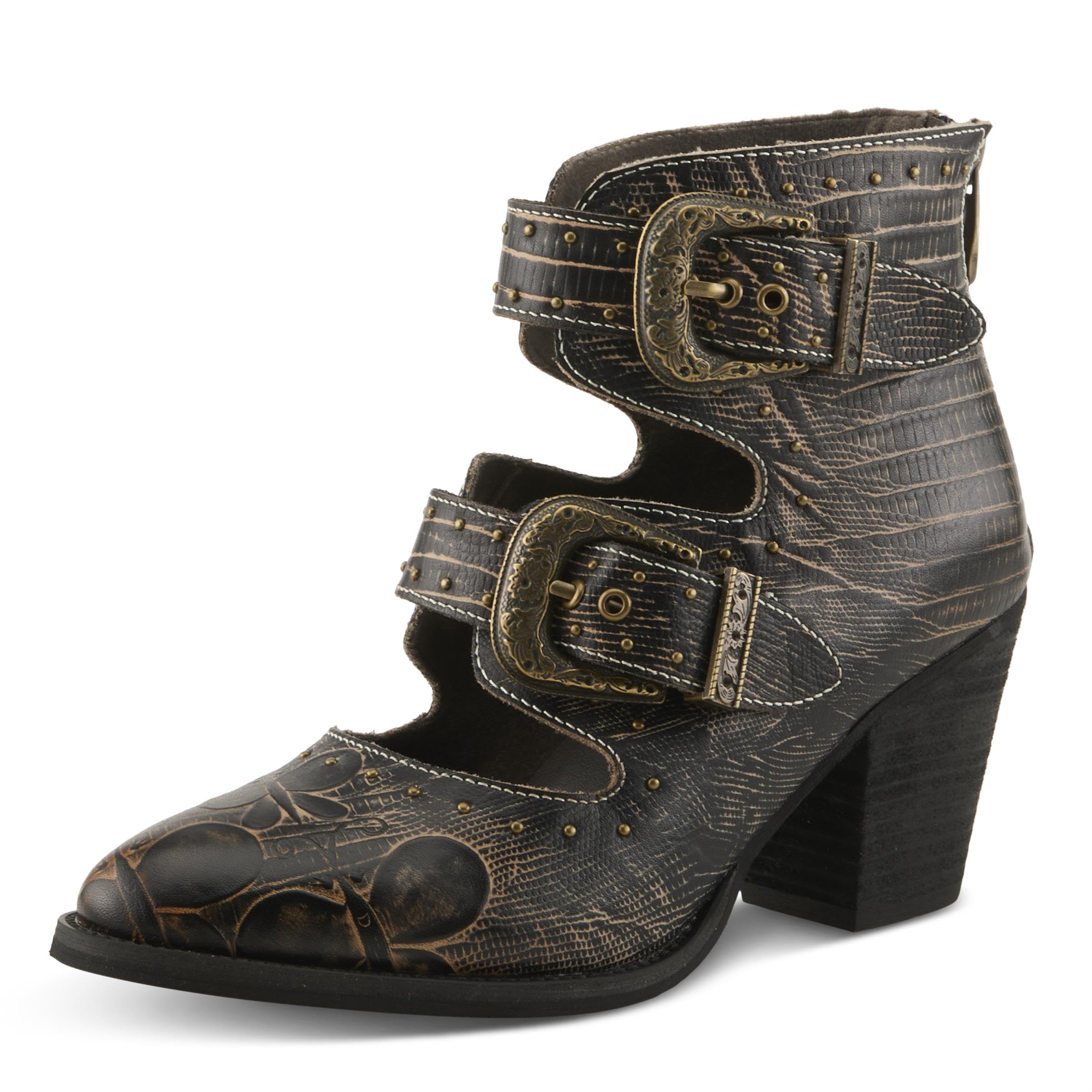 Spring Step LArtiste Notched-Nature Western Booties Embossed Leather Ankle Boots with Cutout Design