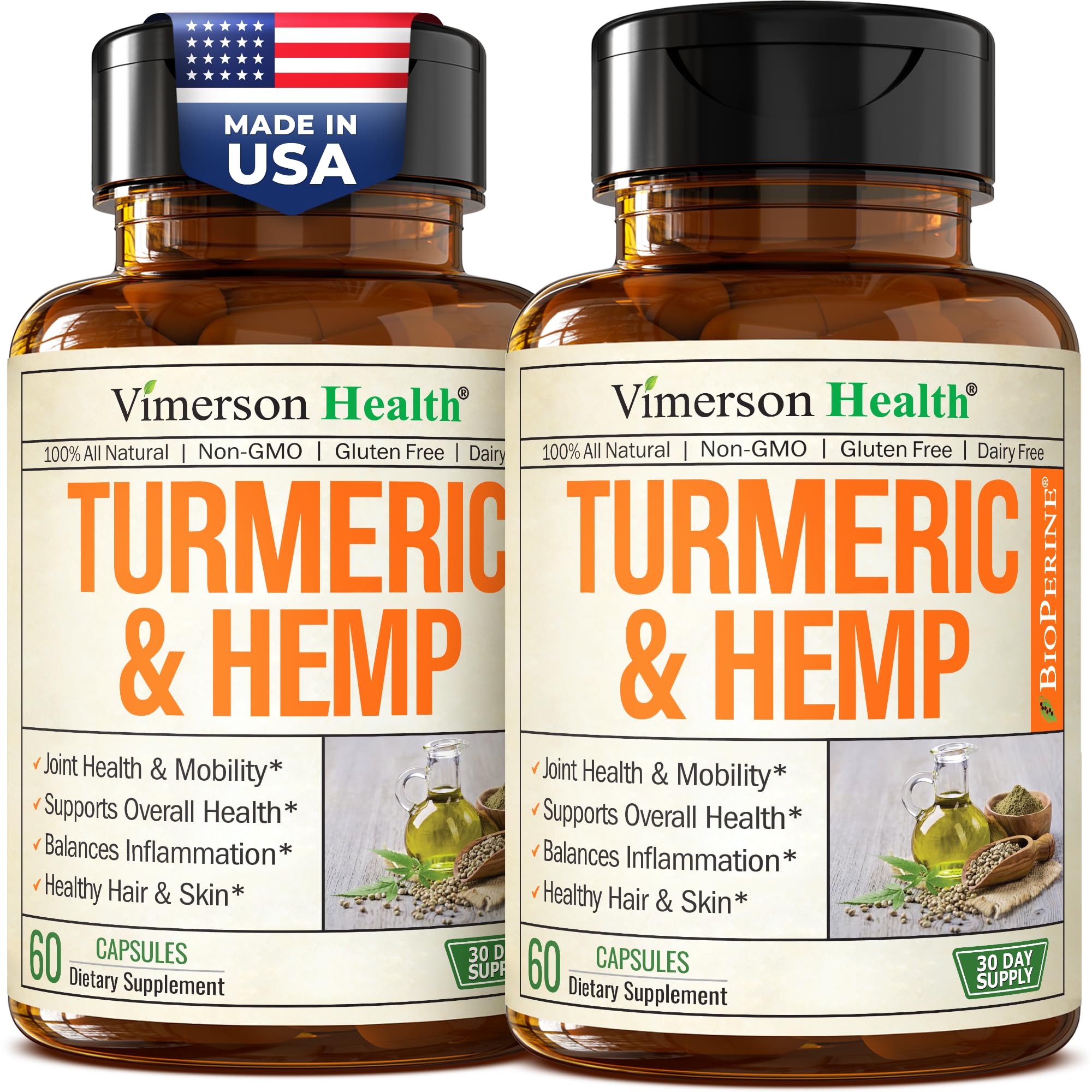 Turmeric Curcumin Supplement with Hemp Seeds & Lemon Balm Extract – 2 Pack 60 Count (Pack of 2)