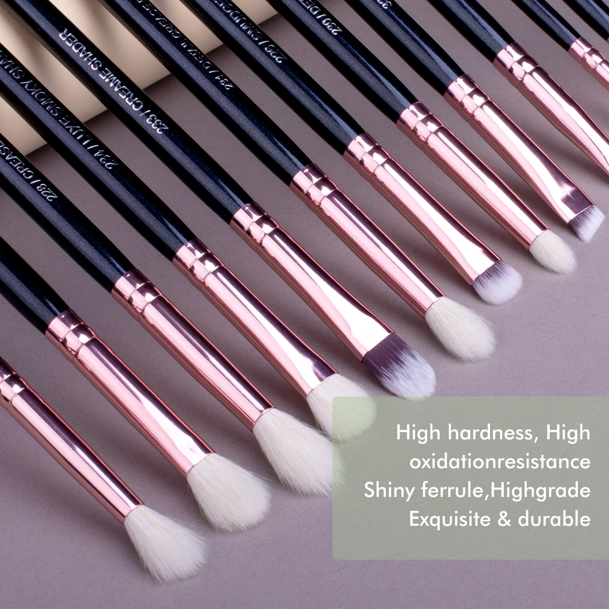 Lot de 15 pinceaux de maquillage professionnels pour fard à paupières, manche noir perlé, poils de chèvre et de poney