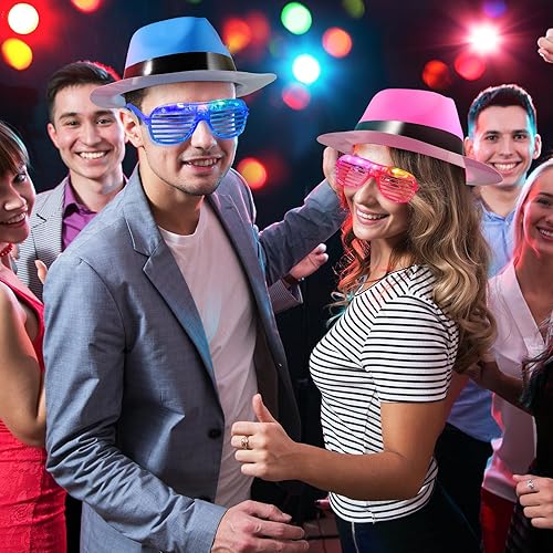 Miniatura 7 de 48 piezas de suministros de fiesta de neón, paquete de 24 sombreros de gángster estilo neón con 24 lentes de luz de plástico intermitentes para