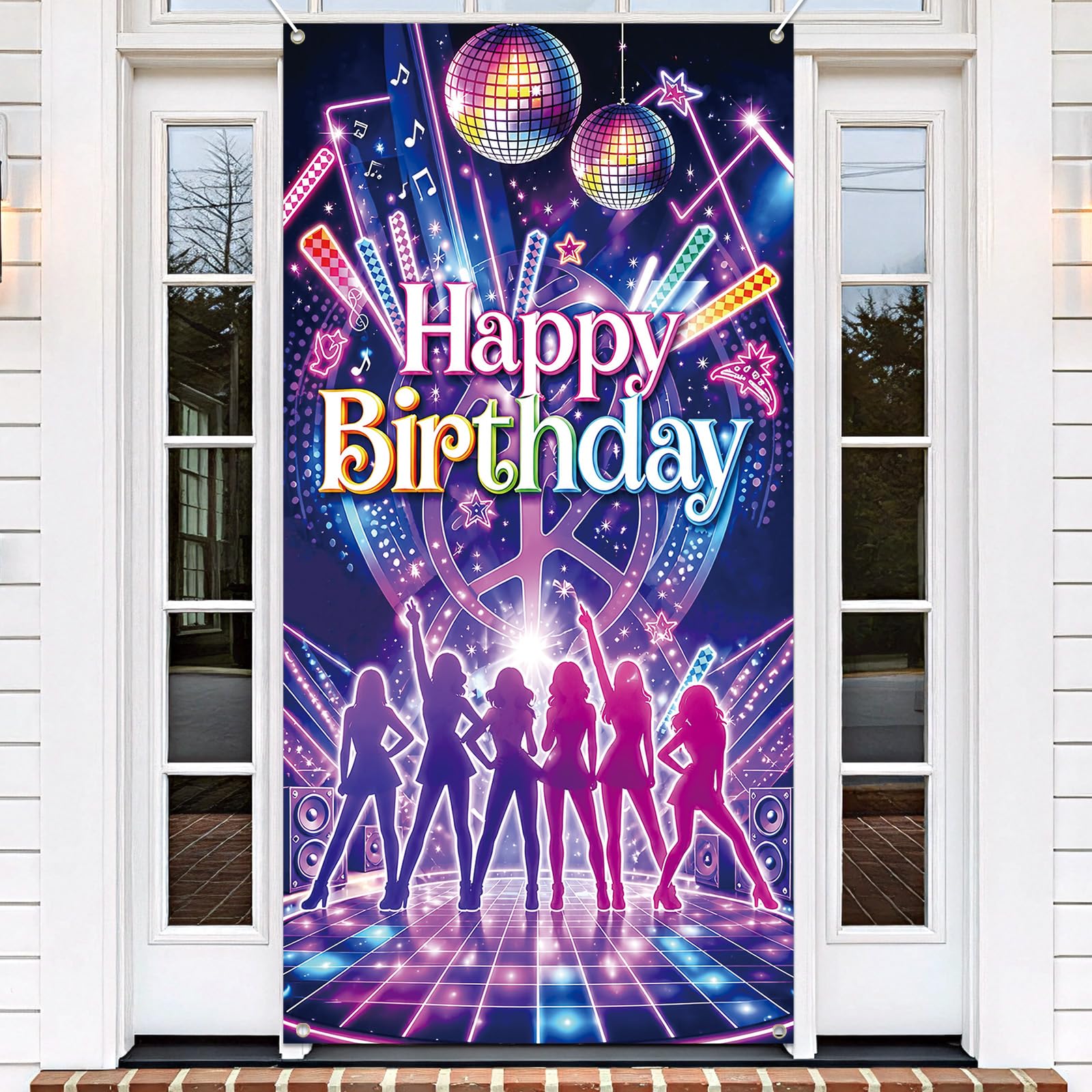 Katseye Door Banner 180x90cm Happy Birthday Party Decoration for Women Teens, K-Pop Style Door Cover Backdrop with Neon Lights Design, Photo Booth Background for Room Entrance Celebration Event