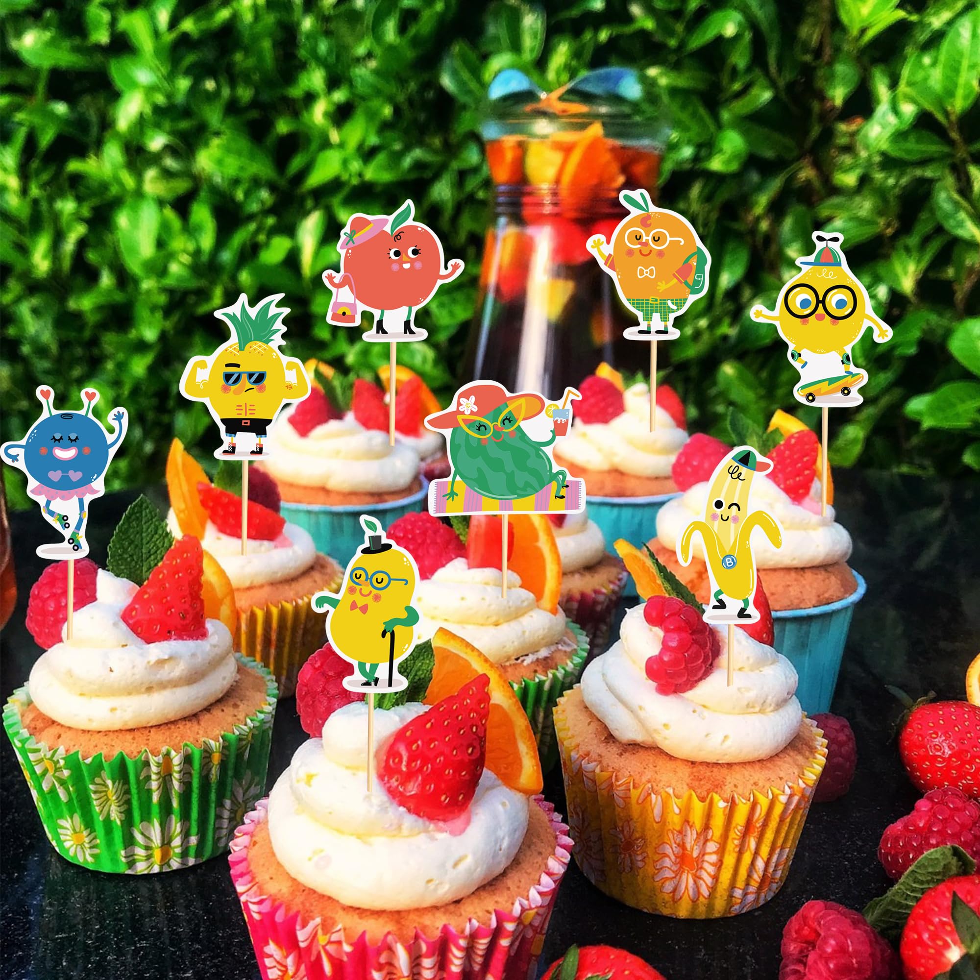 Arthsdite 24pcs Fruit Cupcake Toppers Anthropomorphic Fruit Theme Kawaii Watermelon Apple Banana Lemon Pineapple Strawberry Cupcake Picks for Kid Baby Shower Summer Decorations - Image 3