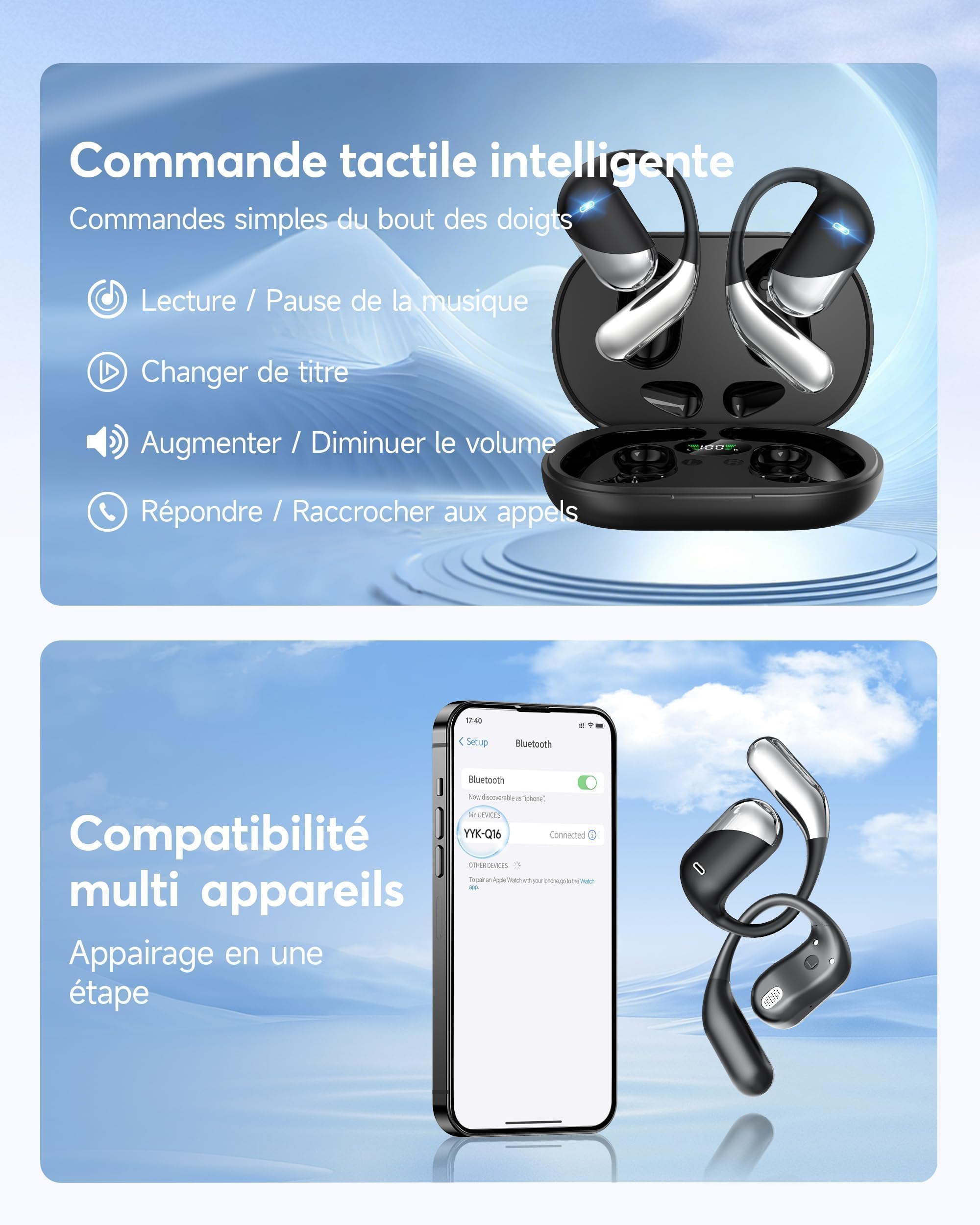 Paekole Casque à Conduction Osseuse, Écouteurs Bluetooth V6.1 sans Fil avec Micro, Autonomie 80 H, Écouteurs Étanches IP7, Casque Sport avec Crochet d'oreille pour Fitness/Musique/Appel