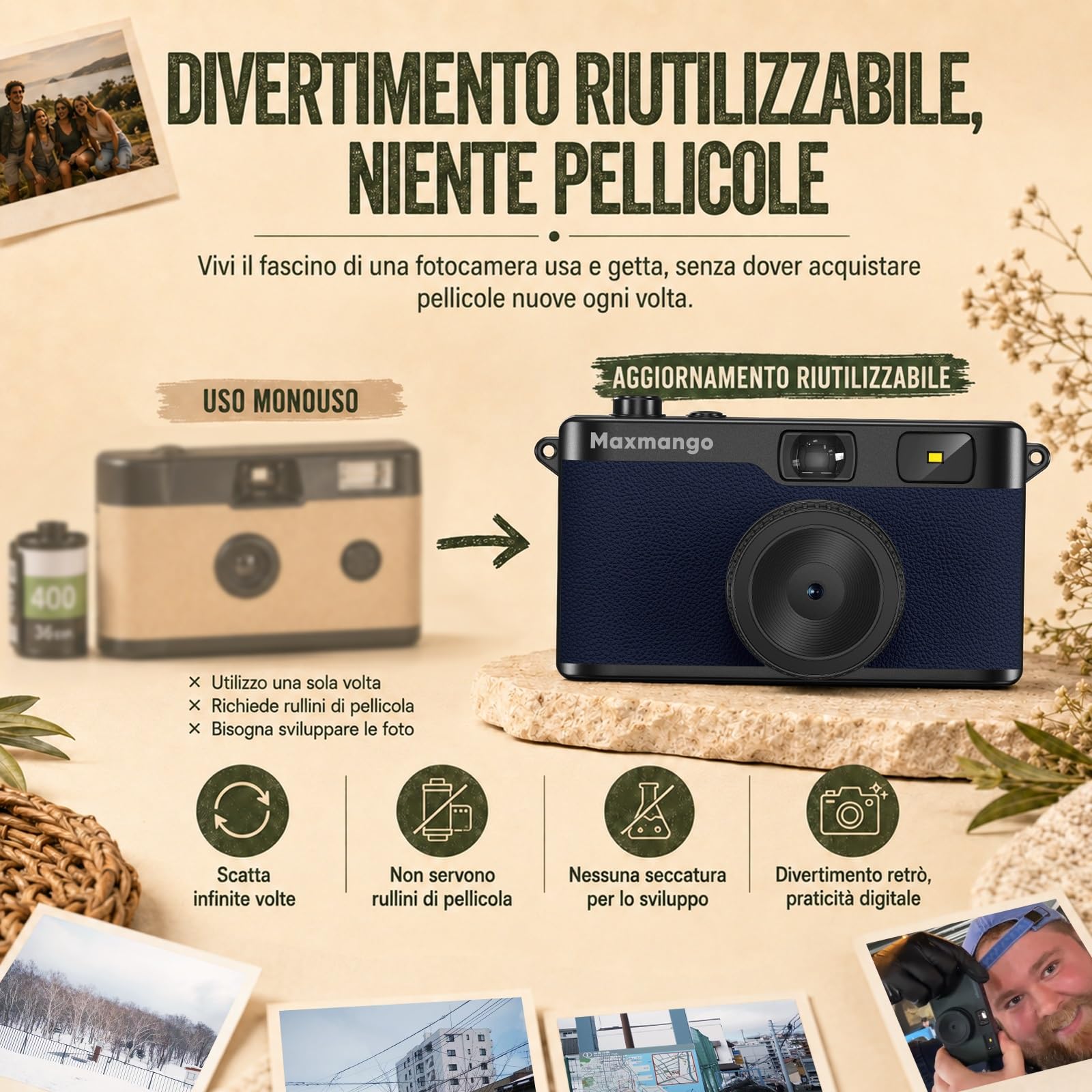 Maxmango D53 Fotocamera Digitale Compatta Senza Schermo, Fotocamera Vintage Retro 12 MP Catturare Momenti Reali, Filtri DIY Scaricabili, USB-C, Scheda SD da 8 GB Inclusa, Fino a 4000 Foto (Blu)