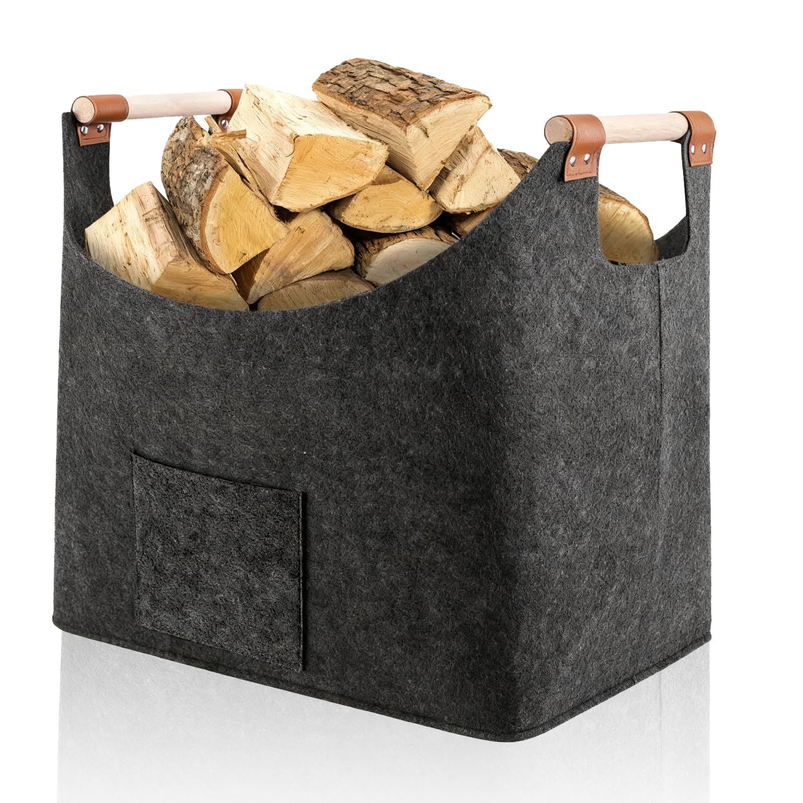 XL Log Baskets felt Bag, Extra Thick Felt Baskets Logs and Removable reinforced Wooden Handles, Foldable Log Baskets for Wood Burner Indoor, Dark Grey Storage Basket for Firewood Storage & Kindling