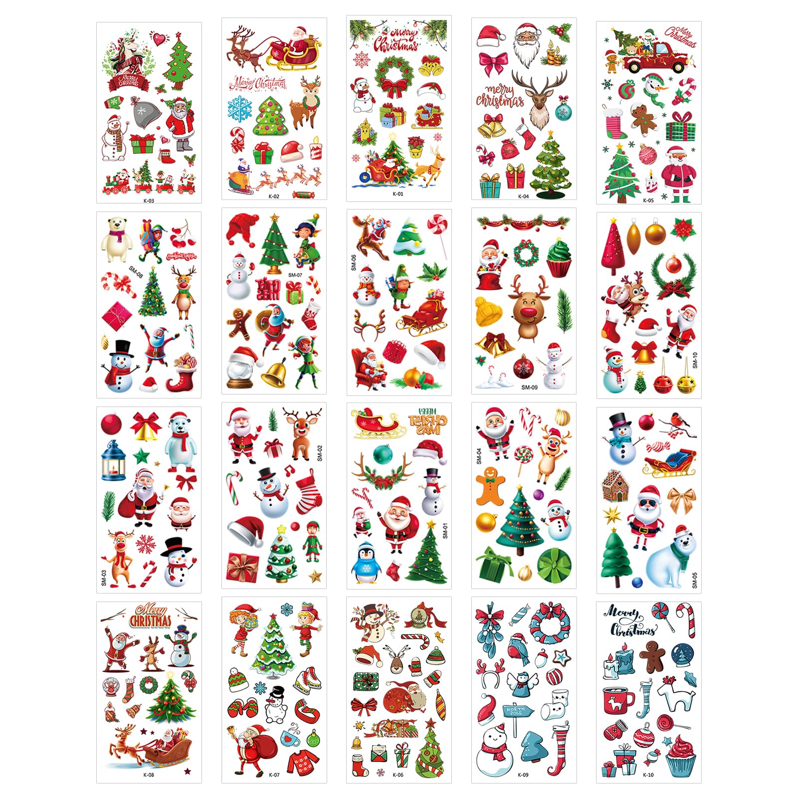 20 Sheets Christmas Temporary Tattoos for Kids Snowmen Santa Elk Bell Wreath Present Box Tattoo Stickers Christmas Stocking Stuffers Party Favor Decoration Supplies