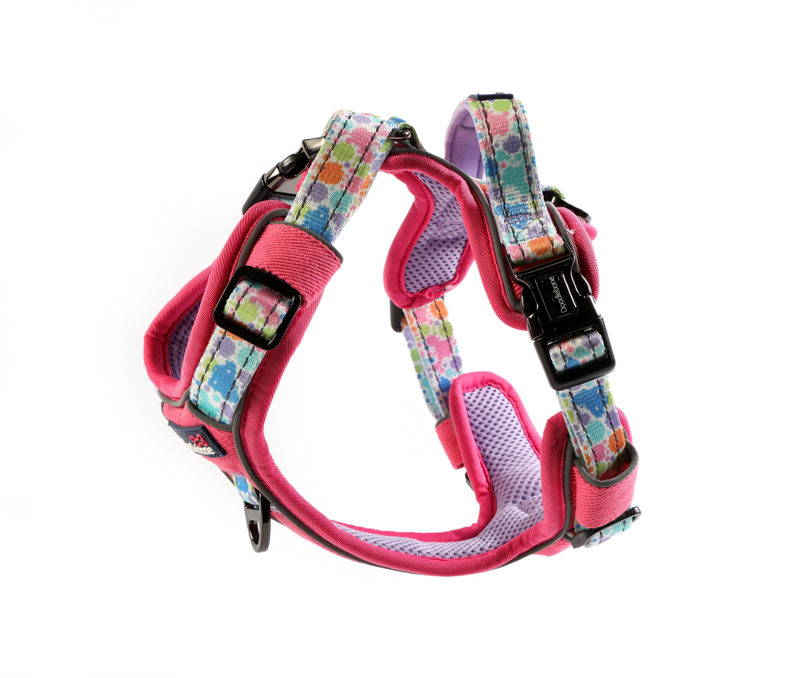 Doodlebone - With Me Dog Harness - 3-click harness - fully adjustable, padded grab handle, reflective, machine washable dog harness, strength tested componentry (Pink Pastel Paint Splat, 9-11)