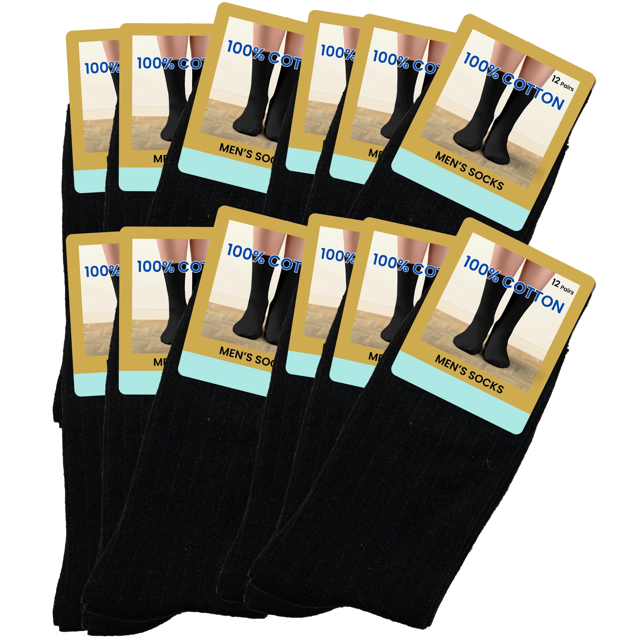 12 Pairs Men's 100% Pure Cotton Ribbed Socks allow your feet to breathe and absorb. (Black)(Size: UK 6/11 eur 39/45)