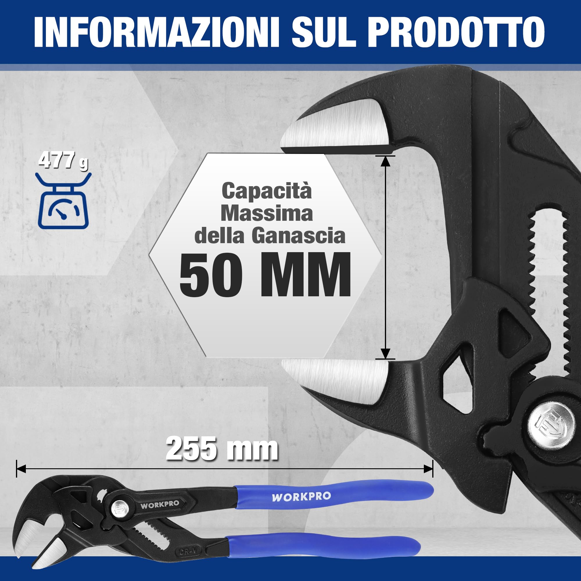 WORKPRO Pinza Chiave da 255 mm, Pinza Chiave Cr-V, Chiave Regolabile, Pinza con Ganascia Autoregolante, Apertura Massima della Ganascia 50 mm, Impugnatura Ergonomica