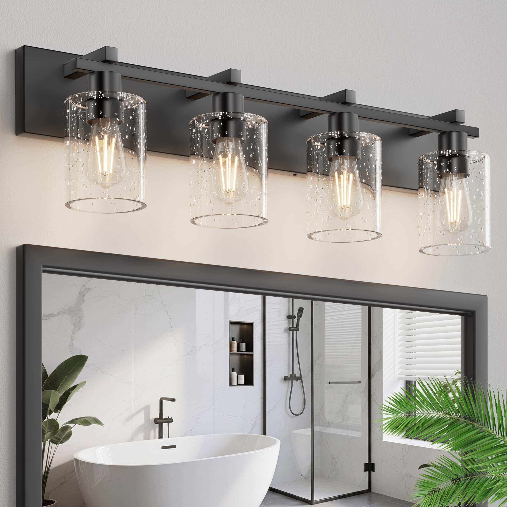 4-Light 30inch Black Vanity Light, Thickened Seeded Glass Shade | Over Mirror for Bathroom, Rust Resistant, E26 Base, Easy Install, Removable Glass Shade Horizontal Mount, Dimmable