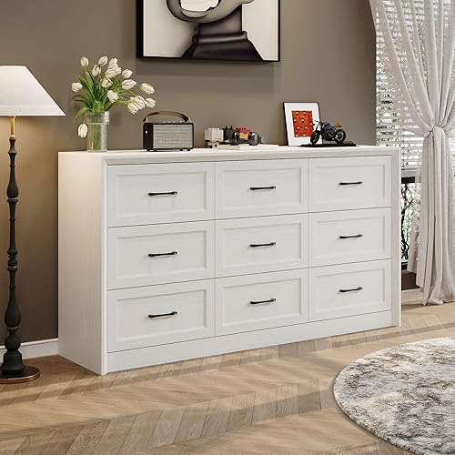 62.2" W Farmhouse Side Board with Storage, Mid-Century Credenza Storage Cabinet with 9 Drawers and Metal Handles, Large Modern Decorative Cabinet for Living Room, Entryway, White