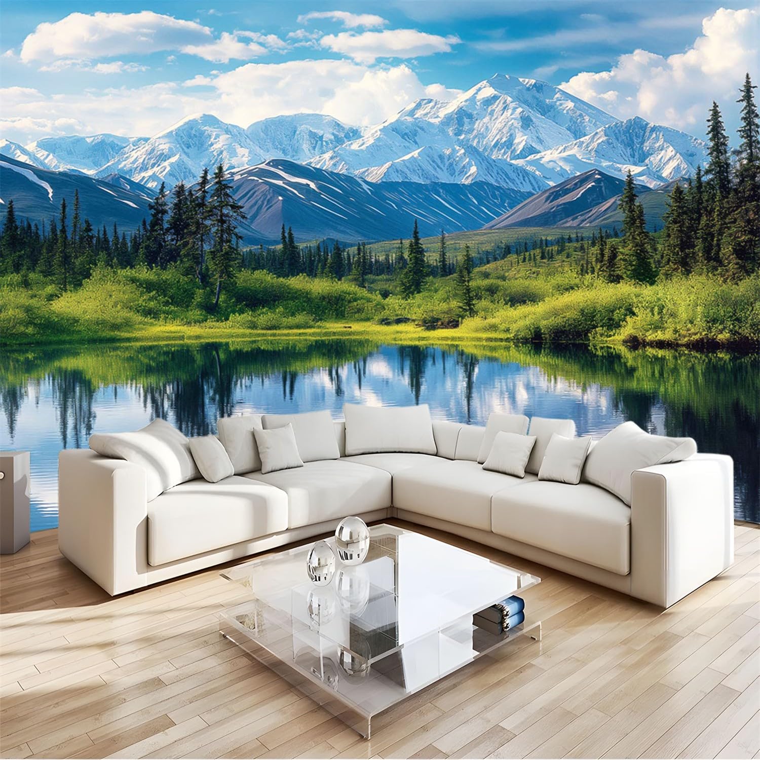 Papier peint montagne enneigée Alaska 3D pour agrandir un salon