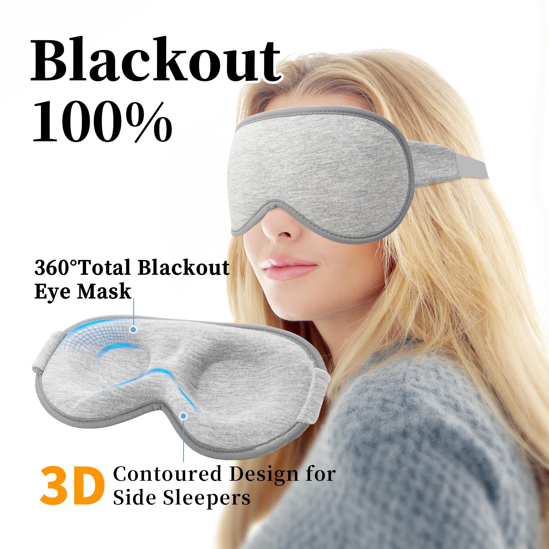 Paquete de 2 antifaz para dormir de lado, bloqueo de luz completo 3D, antifaz suave y transpirable para mujeres y hombres, relajante, cero presión, con correa ajustable, negro y gris