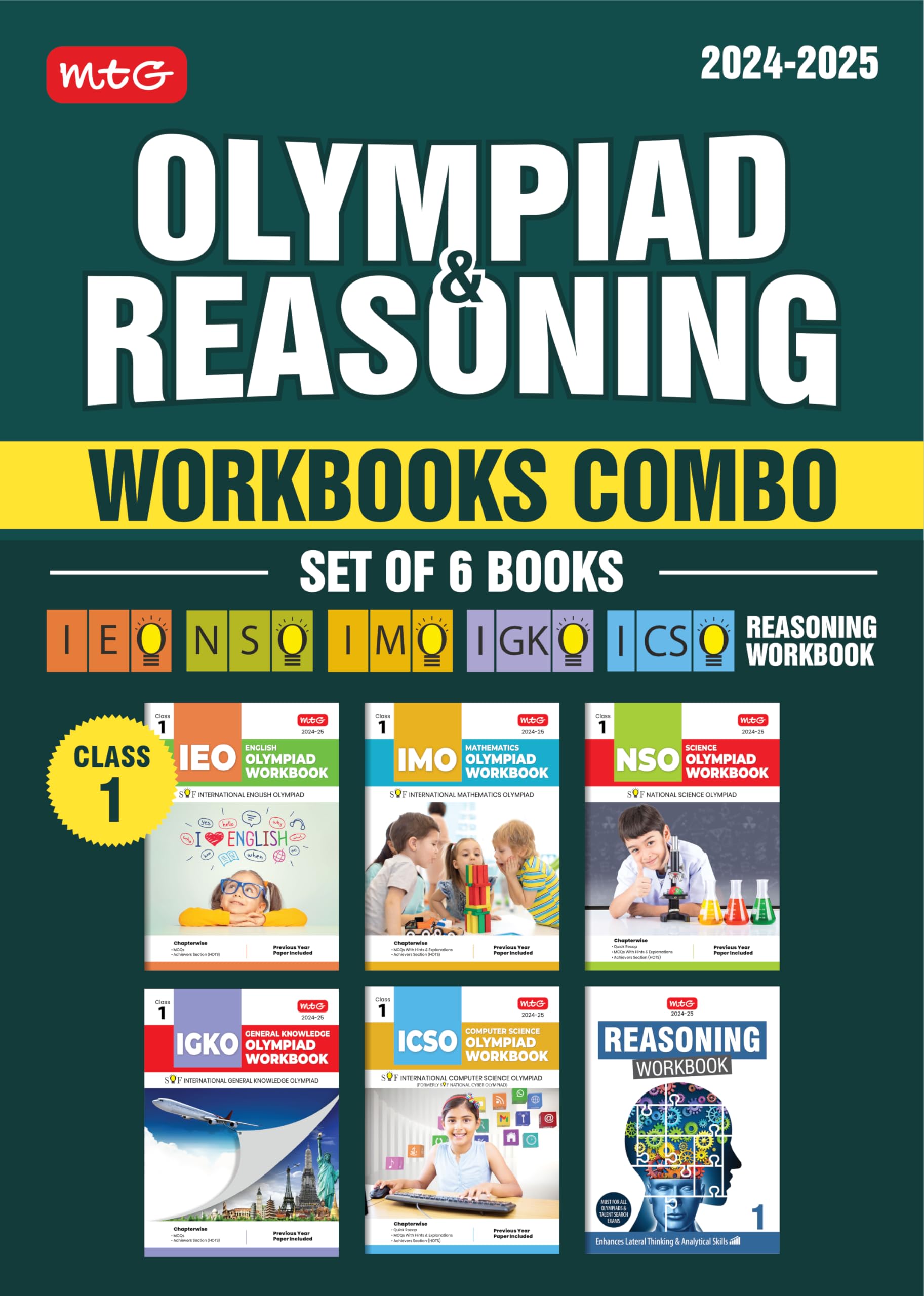 MTG NSO-IMO-IEO-ICSO-IGKO Olympiad Workbook and Reasoning Book Combo Class 1 (Set of 6 Books) | MCQs, Previous Years Solved Paper & Achievers Section - SOF Olympiad Preparation Books For 2024-25 Exam Paperback – 28 March 2024