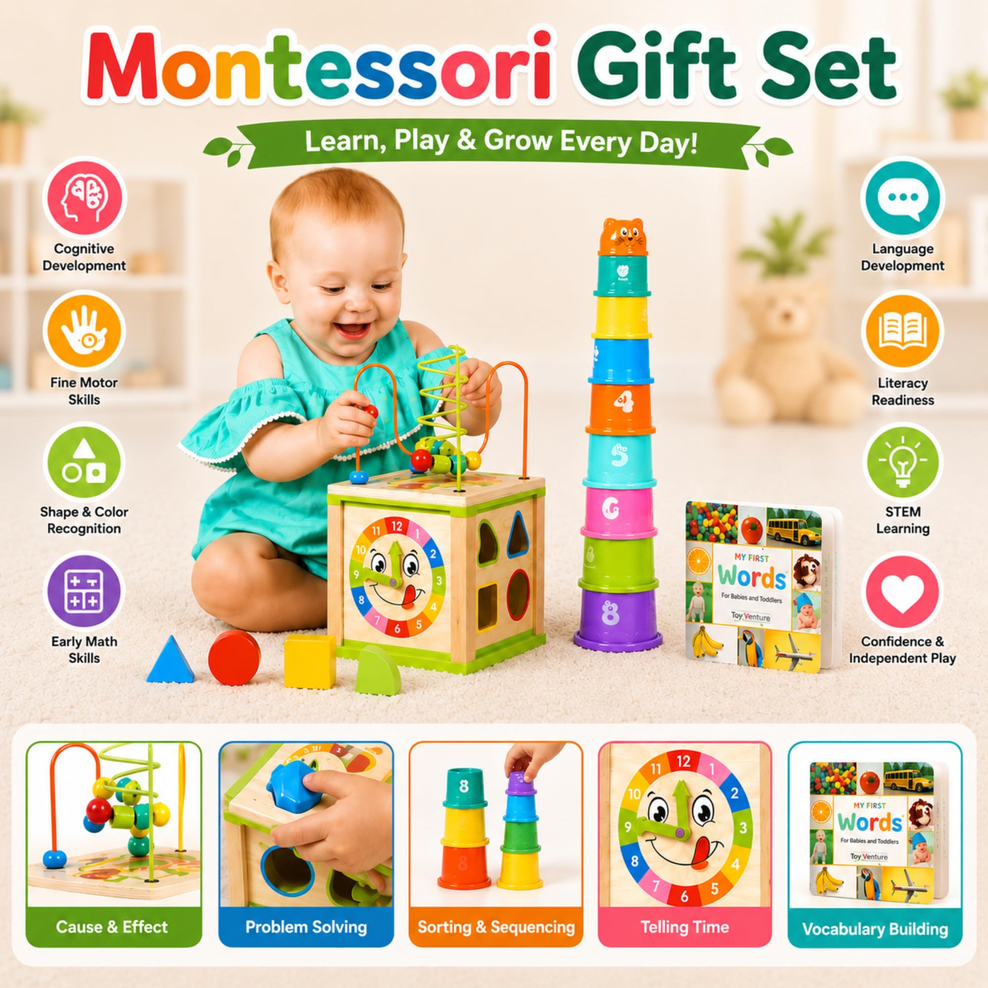 Wooden Activity Cube for 1 Year Old - Perfect Gift! -4
