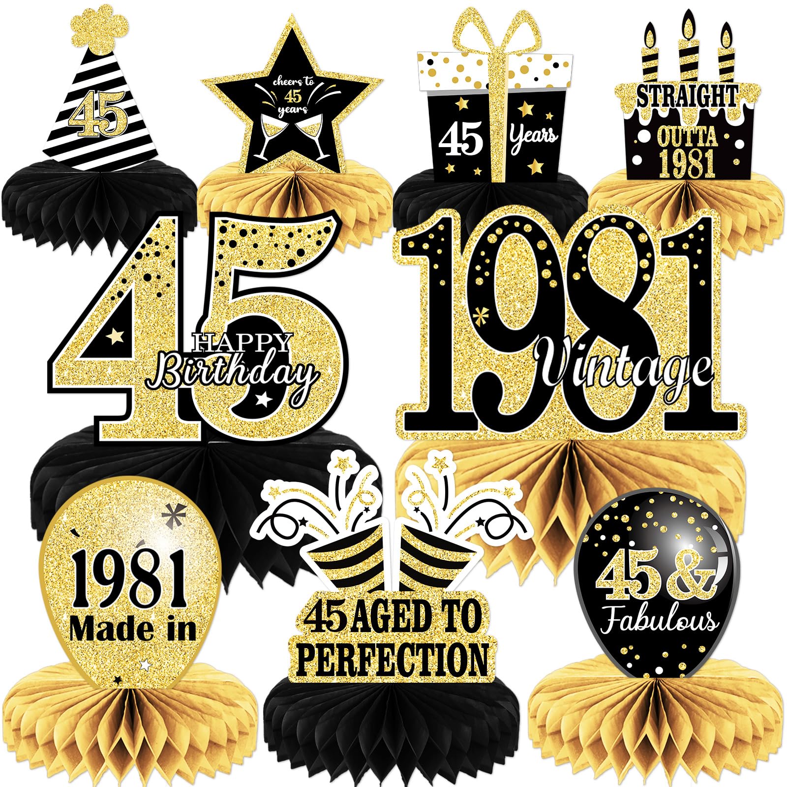 9PCS 45th Birthday decorations 45th birthday Centerpieces for Table Decorations 2026 Vintage 1981 Honeycomb Table Topper Back in 1981 45th Birthday Decoration for Men and Woman 45 Years Birthday Party