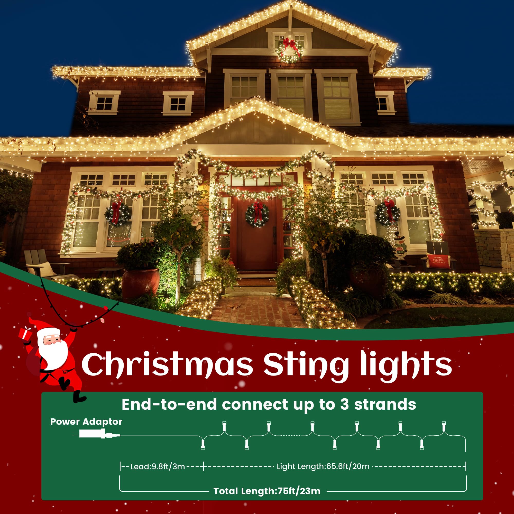 Guirnalda de luces de Navidad para interiores y exteriores, cable transparente, 200 luces LED de 66 pies conectables, luces de Navidad blancas cálidas para exteriores para dormitorio, 8 modos