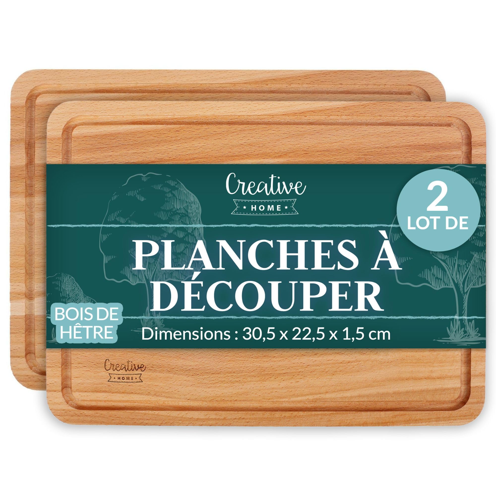 Creative Home 2x Planche a Decouper Rectangulaire en Bois | 30,​5 x 22,​5 x 1,​2 cm | Planche à Découper pour la Cuisine | Bois de Hêtre Naturel